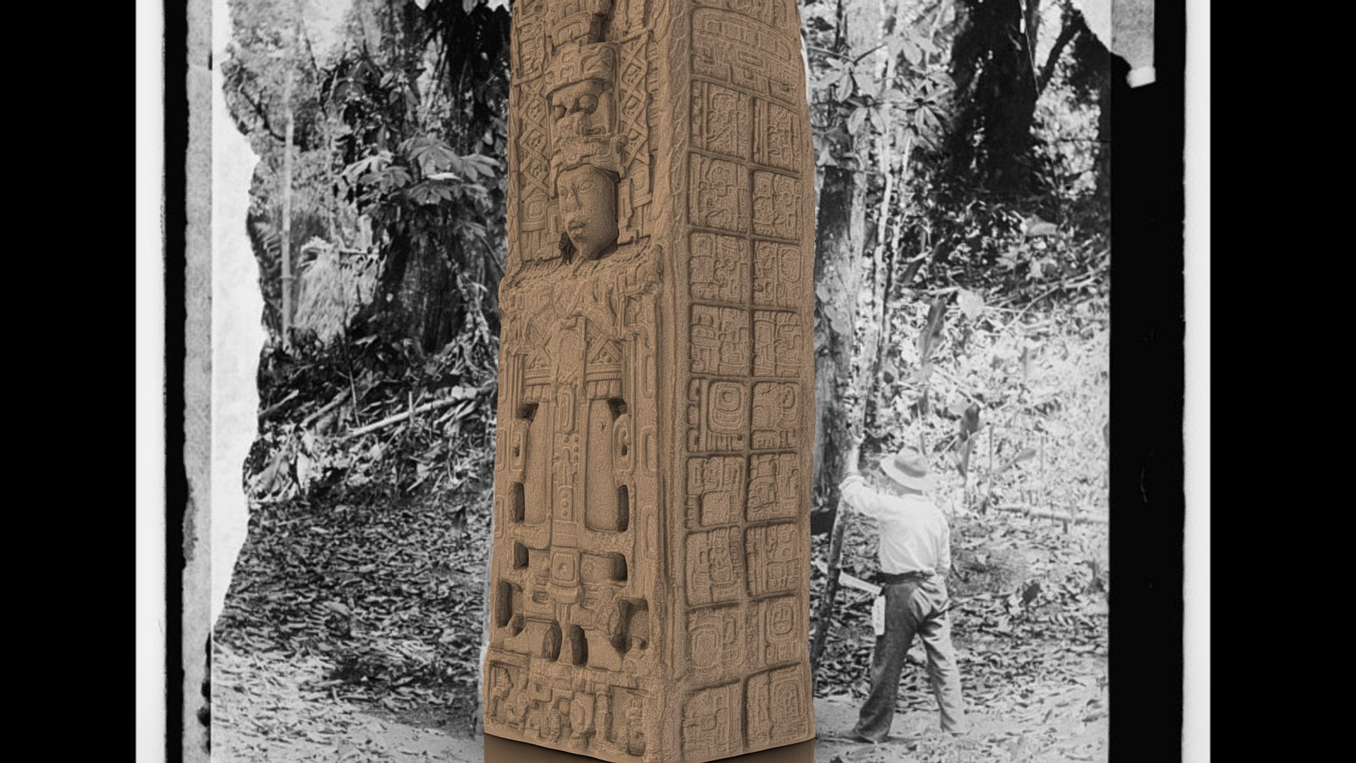 Ornately carved sandstone stela from the Archaeological Park and Ruins of Quiriguá, an inscribed UNESCO World Heritage Site in the Department of Izabal, Guatemala. The piece was 3D laser scanned in 2019 during the extensive documentation survey at the site by our USF Libraries DHHC team. We utilized structured light scanners at various resolutions on this monument as well as imaging and longer range laser scanning to capture landscape context details.

For more information on the iconography, see: Matthew Looper's Quirigua: A Guide to an Ancient Maya City, 2007 for more discussion and additional references. For more on our 3D project: [https://dhhc.lib.usf.edu/project/the-quirigua-3d-project/]. 

Background image- 1947, Herbert A. French, Library of Congress. [https://lccn.loc.gov/2016821500].

This project is in collaboration with Oswaldo Gomez, Administrador at Parque Arqueológico Quiriguá 3d model