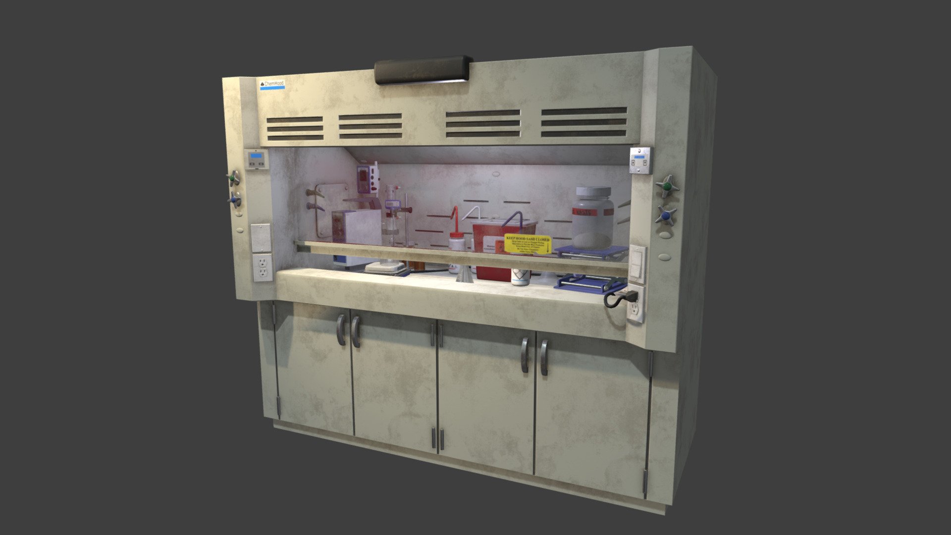 Lab scene I did to practice more realistic props. I wanted to practice stuff I'm not super familiar with, since my partner is a chemist I had him take some pictures of his fume hood for inspiration. It was nice learning more about the stuff he uses in the lab 3d model