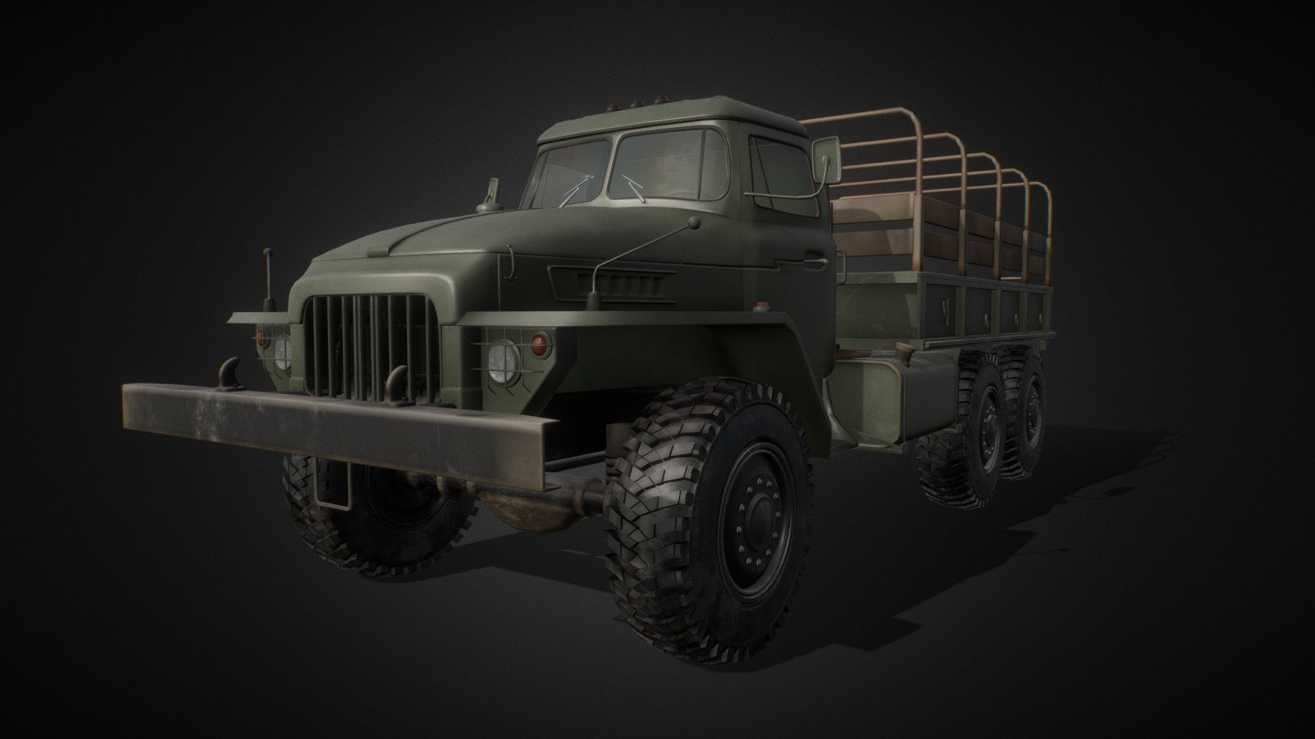 Ural 375d modeled in a Blender 3d . 

Ural 375d  is a Soviet and Russian 6x6 truck from 1961 - 1993

I made the textures in quixel mixer. Tested it in unreal engine 5

has : - 4k Texture (PBR)  

12 materials
5 kinds of colors
UVs
doesn't have : 

doesnt have rig
doesnt have engine
doesnt tachometer
110 000 Vertices (210 000 polygons) ! 

formats: -blend -obj -fbx -dae - Soviet truck - Ural 375d - Buy Royalty Free 3D model by vojtech.vejtasa 3d model