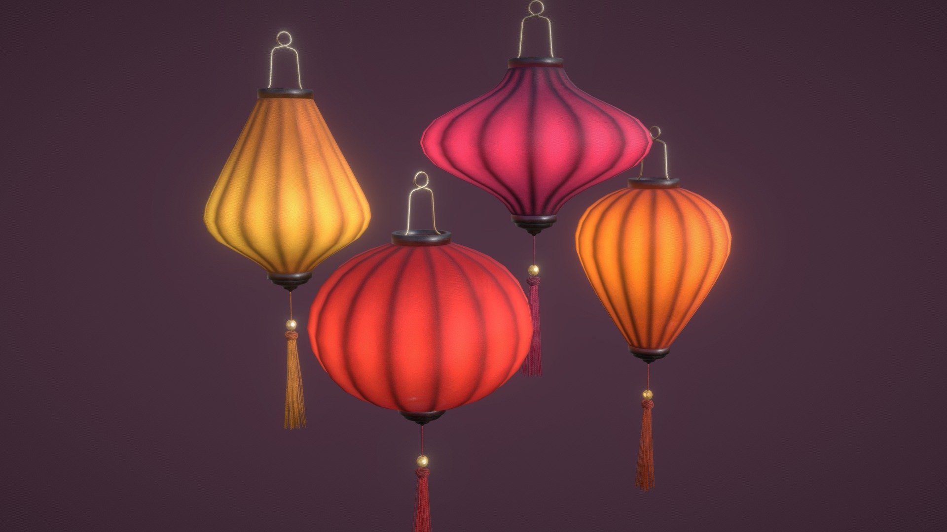 Detailed models of silk lanterns in 4 different shapes and 4 different colors.
Сolorful and glowing lanterns will decorate and fill with Asian motifs any location.

And also add realism and festive atmosphere to your 3D project, game or metaverse:)




Video about the model


Model info



clean topology, one lantern - 4.5k faces, a full set of 16 lanterns - 73k faces

clean unwrapped UV

16 sets of texture maps (BaseColor, Opacity, Metallic, Roughness, Normal, Emission) in 2K and 1K resolution

16 materials

ready to use in blend, fbx and obj formats

Built with Blender. Origin Blender file attached.


Thanks for watching^.^
Have questions about the model? Mail me: tochechkavhoda@gmail.com - Asian silk lanterns (3D) - Buy Royalty Free 3D model by tochechka 3d model