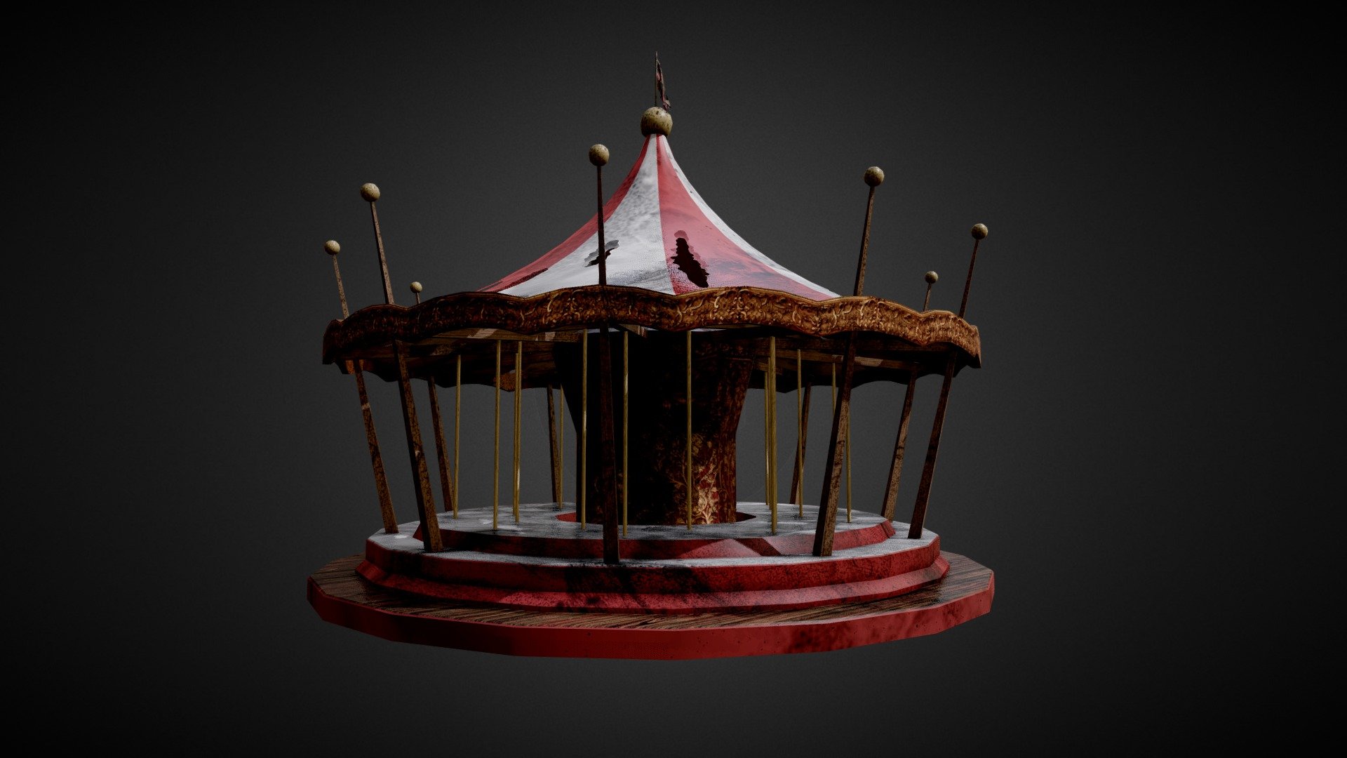 This is the damaged version of a carousel that I made for a Unity WebGL game a while back. The game is a 3rd person perspective, educational game and all rides are meant to be ridable after &lsquo;fixing' them, hence why there's a damaged, and a new version of the ride. This also meant that the rides needed to be fully animatable and look as good as possible from close up despite limitations. 
Three of the main limitations were:
1. Poly count was required to be below 10000 per ride
2. Only a diffuse map was allowed
3. The only way to convey difference between a damaged and repaired ride was by replacing the diffuse map (no model changes allowed)

NOTE: 
- Carousel animals from the Unity asset store were used. However, I haven't included these in order to better showcase my personal contribution to the project
- The flag has a significantly higher poly density than the rest of the model, this is because cloth physics were used to animate it.
- Textures from both textures.com and Poliigon were used - Carousel - Damaged - 3D model by Kkye 3d model