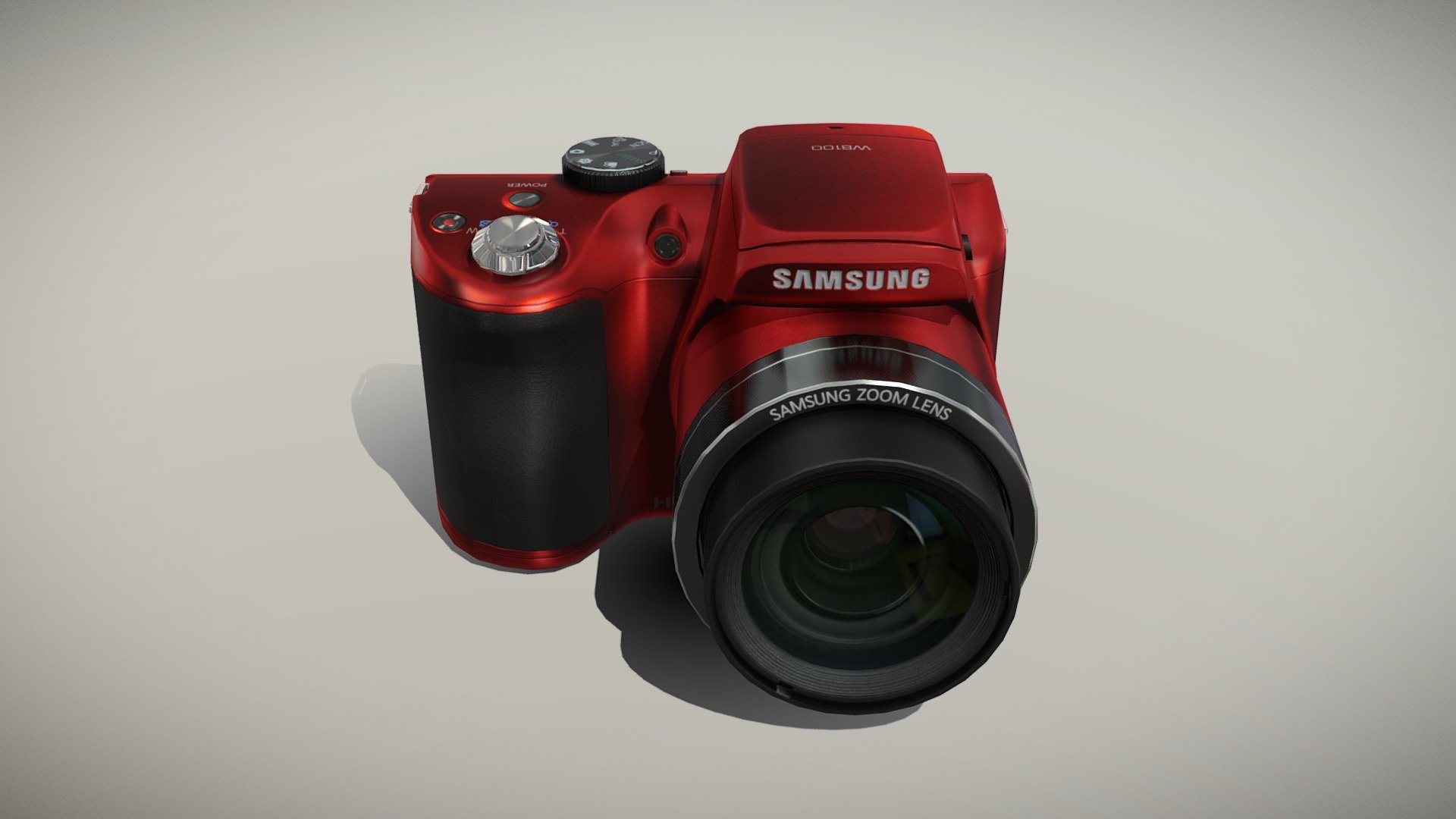 •   Let me present to you high-quality low-poly 3D model Samsung WB100 Red. Modeling was made with ortho-photos of real camera that is why all details of design are recreated most authentically.

•    This model consists of a few meshes, it is low-polygonal and it has only two materials (for Body and Glass of Lens).

•   The total of the main textures is 5. Resolution of all textures is 4096 pixels square aspect ratio in .png format. Also there is original texture file .PSD format in separate archive.

•   Polygon count of the model is – 5885.

•   The model has correct dimensions in real-world scale. All parts grouped and named correctly.

•   To use the model in other 3D programs there are scenes saved in formats .fbx, .obj, .DAE, .max (2010 version).

Note: If you see some artifacts on the textures, it means compression works in the Viewer. We recommend setting HD quality for textures. But anyway, original textures have no artifacts 3d model
