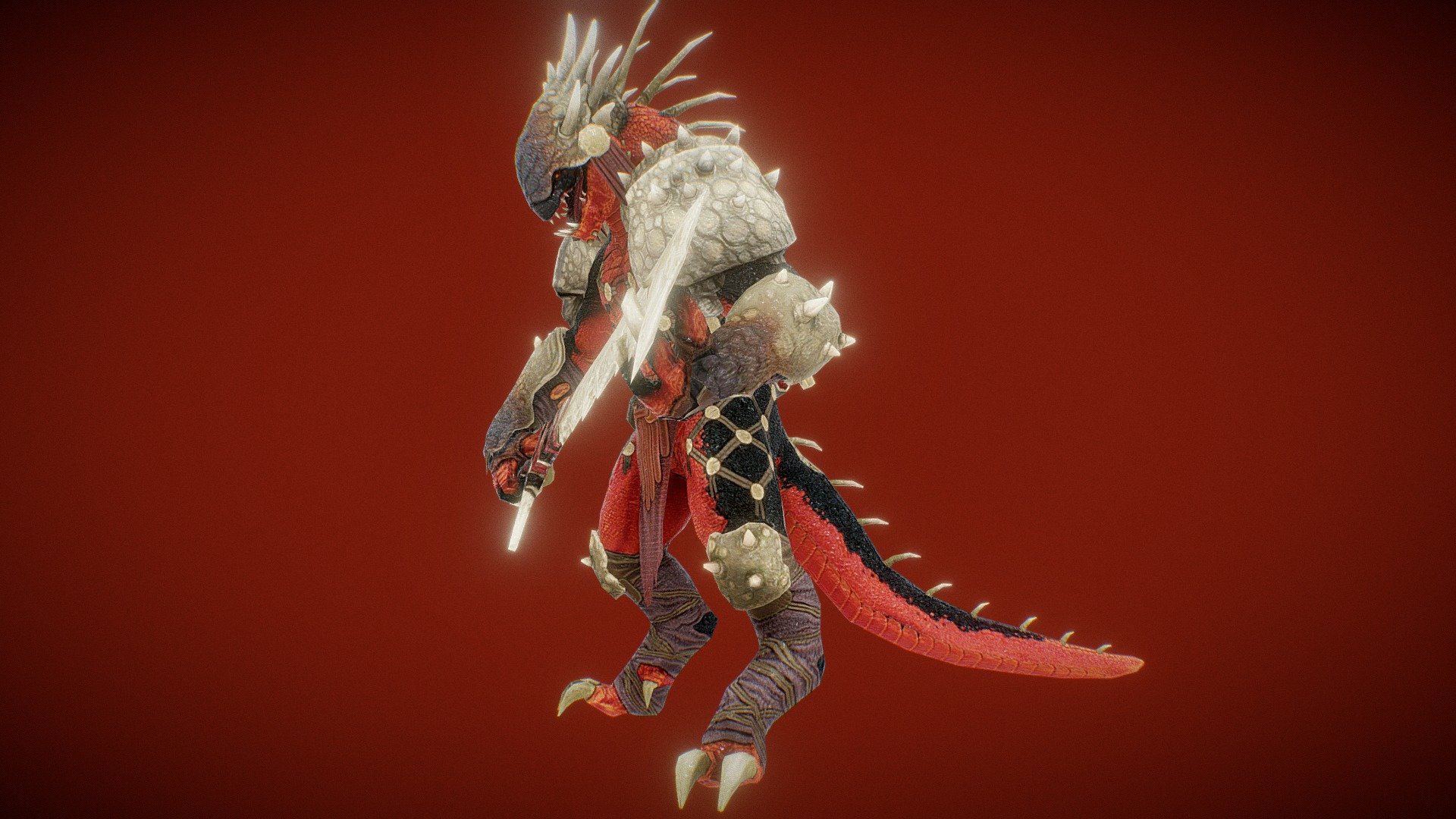 red croc Beast is a fearsome and formidable creature, characterized by its sleek and crimson-scaled exterior. With razor-sharp claws, a powerful tail, and rows of serrated teeth, this creature exudes a predatory aura, ready to strike down its prey with deadly precision.and using his big sword like weapon 3d model