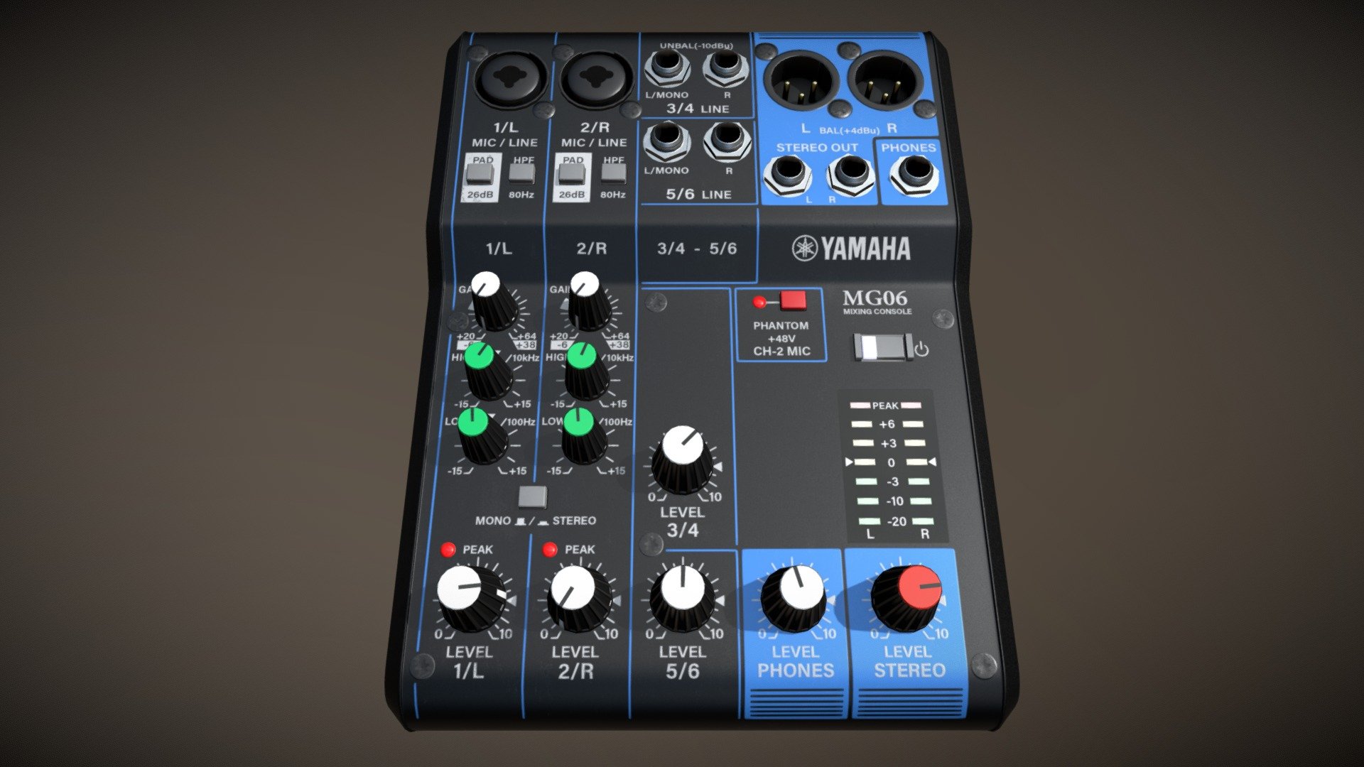 Yamaha MG06 6-channel mixing console, lowpoly with PBR materials.

Game engine ready, tris only. The additional files include FBX and OBJ with lossless PBR textures.

All knobs and buttons are separate objects with the pivots in proper places, so you can animate it easily.

Highpoly model - https://sketchfab.com/3d-models/yamaha-mg06-mixer-highpoly-b3335d4114474ee1adf98a872d0e123b

Midpoly model - https://sketchfab.com/3d-models/yamaha-mg06-mixer-midpoly-e17e34a195b74887af3e22647a86311d - Yamaha MG06 Mixer Lowpoly - 3D model by Ivan_WSK (@ivan-wsk) 3d model
