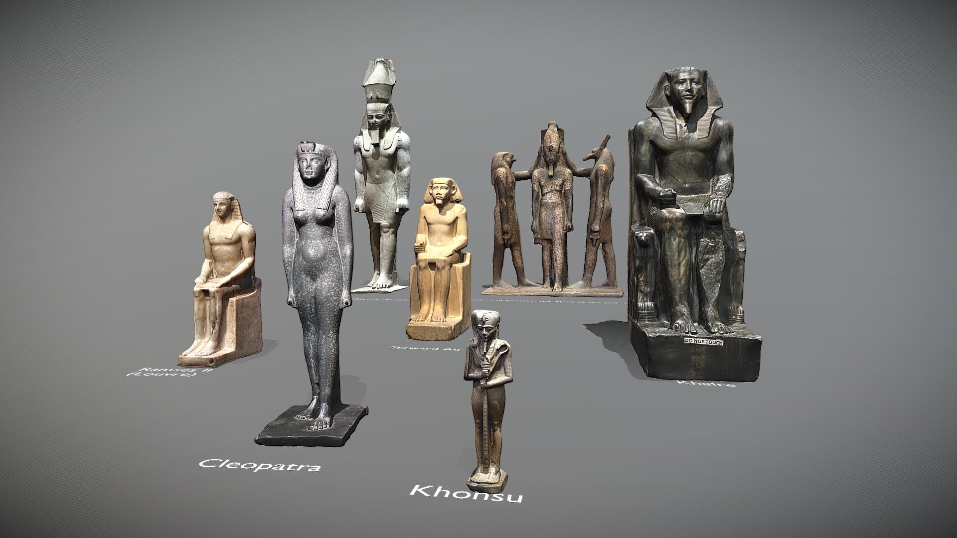 This collection contains several real-life artifacts, scanned at various locations around the world  (Museums or Temples) 

Optimized for game engines while keeping photorealistic visuall quality

Retopology and texture bake in Blender (2k, Diffuse only)

•   Statue of Ramses III Coronation (from Hathor Temple) – Egyptian Museum Cairo

•   Statue of Ramses II – Grand Egyptian Museum

•   Statue of King Khafre – Egyptian Museum Cairo

•   Statue of Ramses II – Louvre Museum

•   Statue of Khensu (moon god) – Egyptian Museum Cairo

•   Statue of Steward Au – The Metropolitan Museum of Art

•   Statue of Cleopatra – Rosicrucian Egyptian Museum - Ancient Egypt Pack - Download Free 3D model by suspishus 3d model