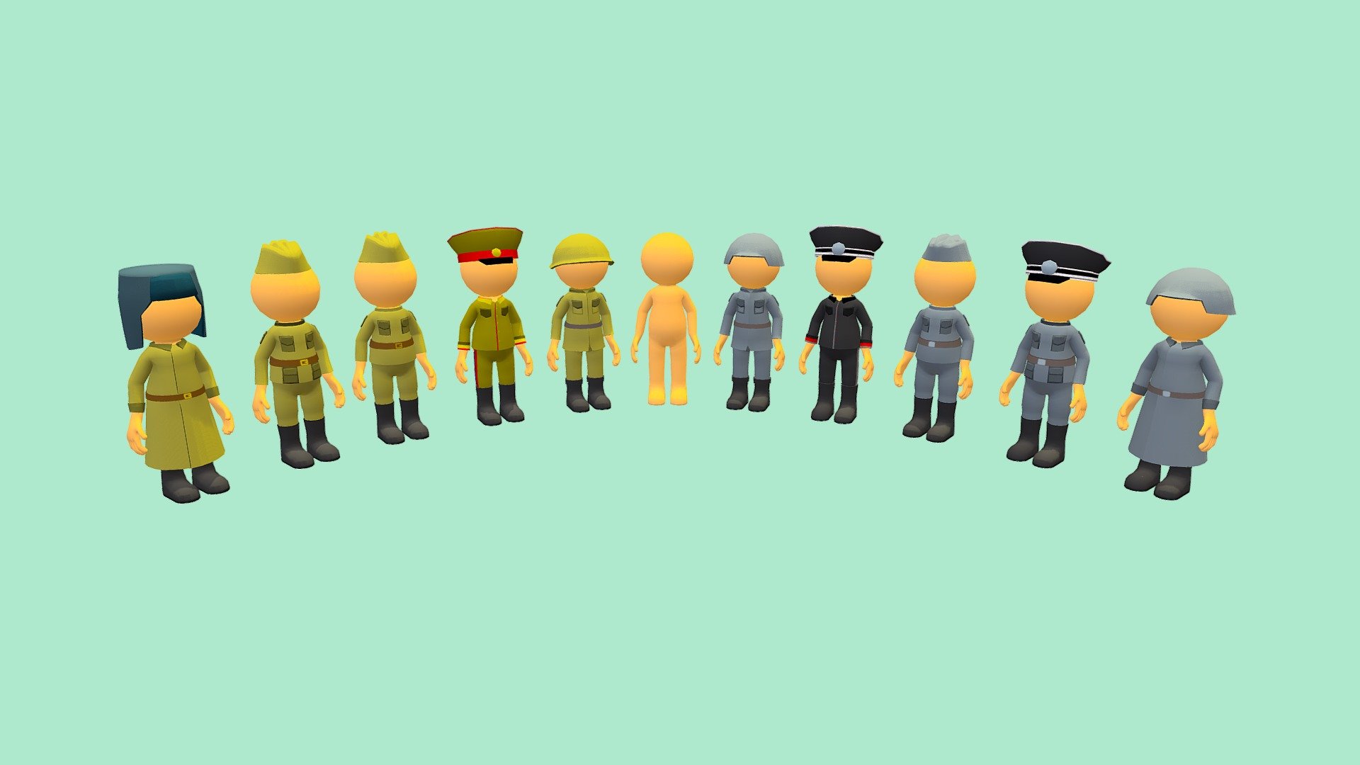 This asset contains a pack of hyper-casual characters
The pack includes: 10 soldiers 2 types of colors and hats and Standard Stickman Model.
All characters have an attached humanoid skeleton.
Model has 13 animation: hit, death, idle, idle_hello, punch, walk, walk_RM, jump, jump_forward, run, run_RM, run_jump, run_jump_RM
All characters support humanoid animation which you can get from other sources. Such as mixamo.com
Models have an average of 4500 triangles
If you have any questions, please contact us by mail: Chester9292@mail.ru - Hyper-Casual Characters pack №5 - Buy Royalty Free 3D model by Rifat3D 3d model