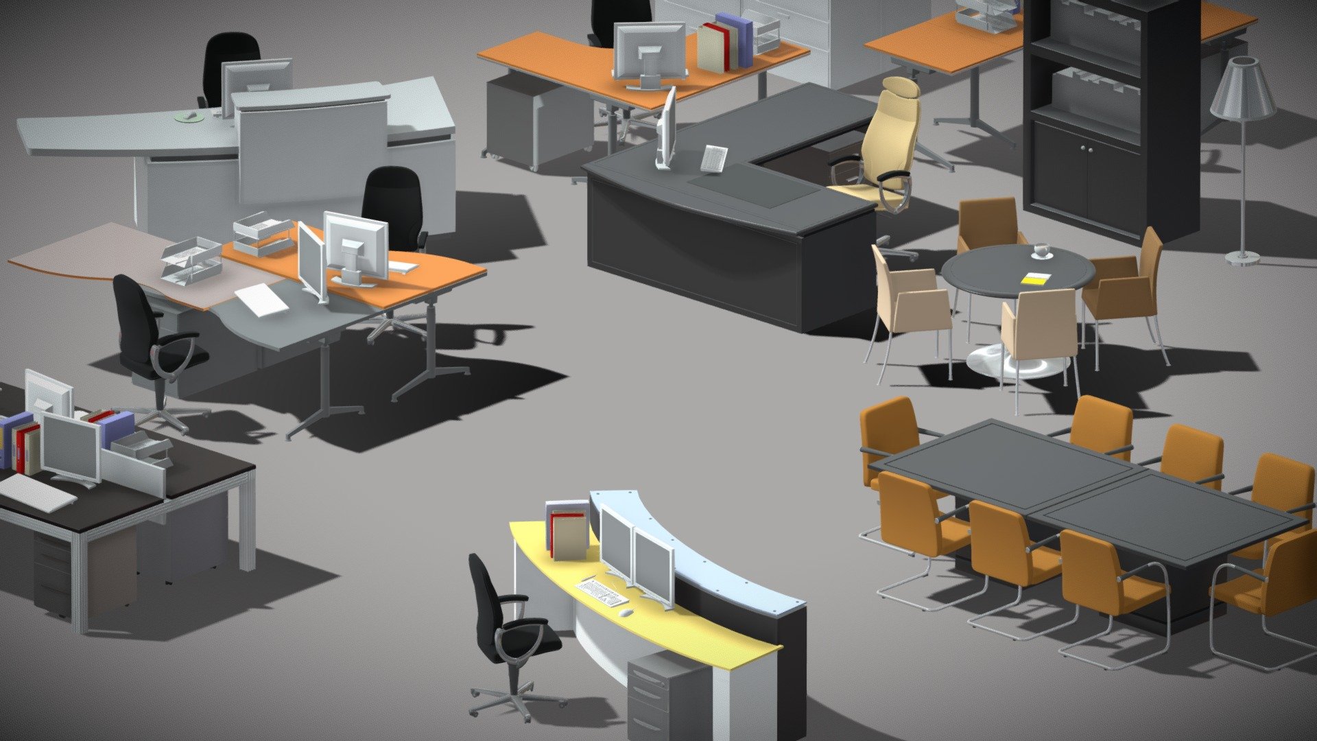 This set includes;
2 reception desks
1 large meeting set
1 small meeting set
1 soft seating settee
1 directors desk set
1 floor lamp
1 table lamp
1 cluster of 2 workstations
2 single workstations
1 4 cluster bench workstation
Accessories are also included 3d model