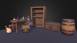 Fantasy Props sculpt, dungeon, barrel, closet, chest, candles, props, cabinet, bottles, tankard, dungeons-and-dragons, lowpoly, stylized, fantasy