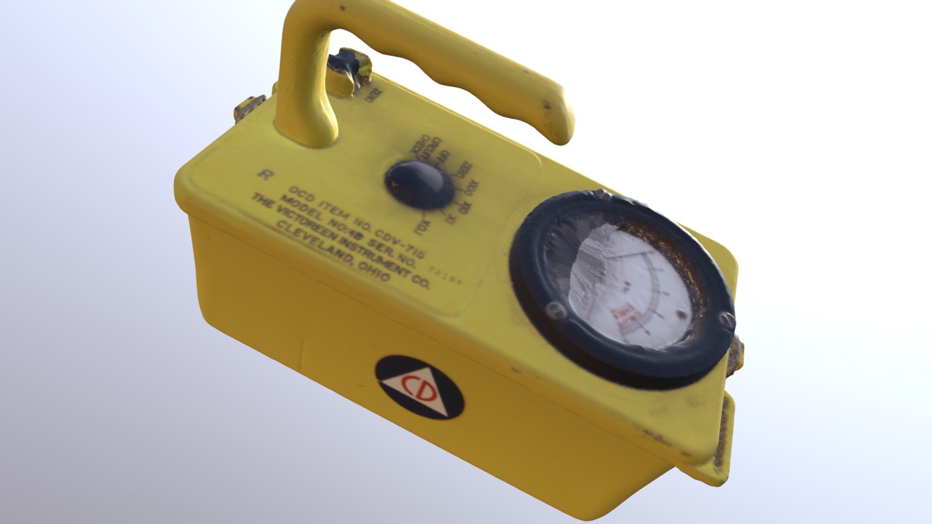 This 1950s-era Geiger counter is part of a Cold War exhibit at the Isle of WIght County Museum in Smithfield, Virginia. It was 3-D scanned with a Go!Scan 50. Reflective or black portions of the Geiger counter did not scan properly. Courtesy of the Isle of Wight County Museum 3d model
