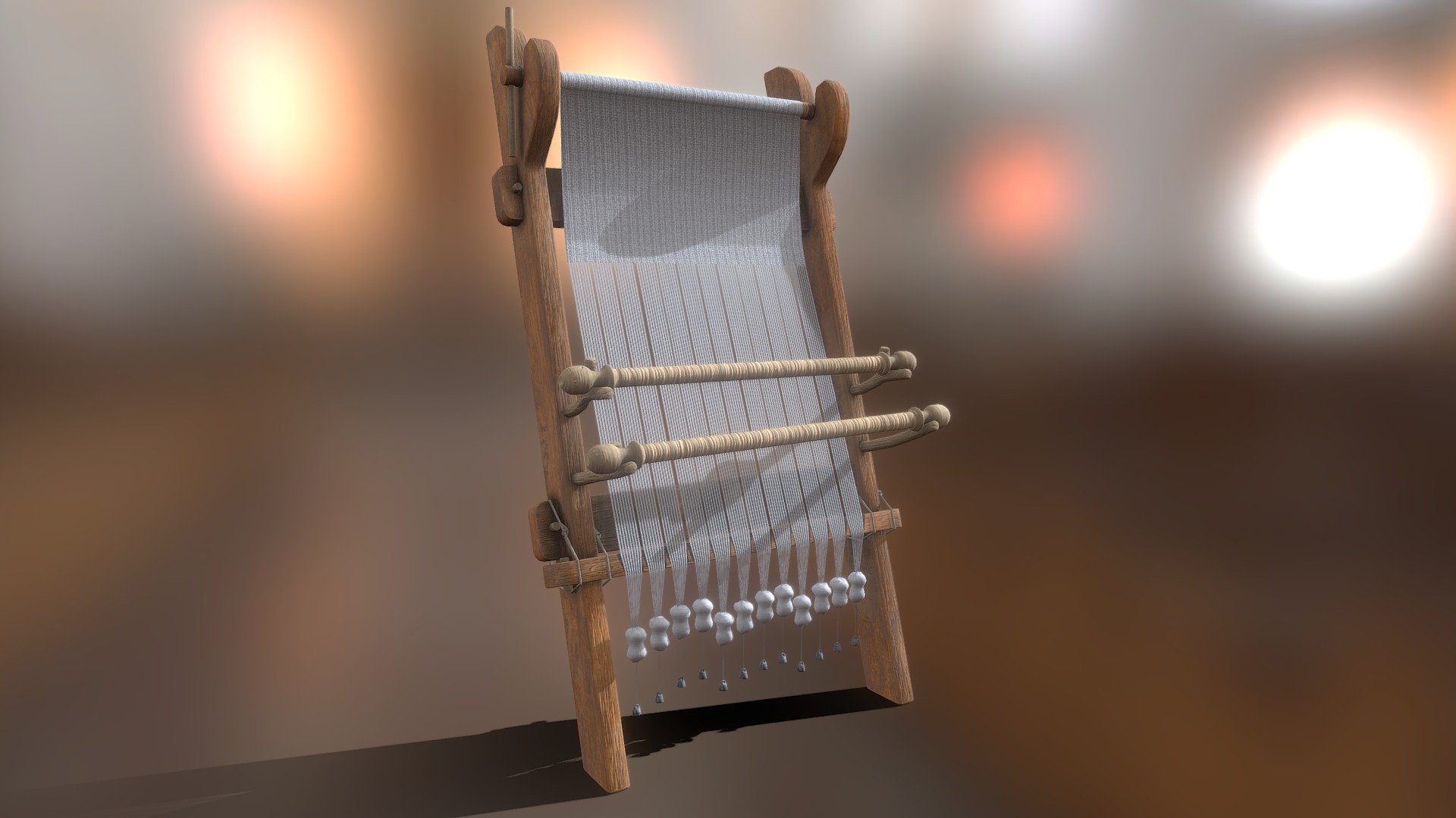 A warp-weighted loom is a vertical frame loom where the warp yarns are suspended and stretched by loom weights. The width of the frame defines the width of the woven fabric, which is wound on the top horizontal beam.
Around 1000, this weaving typically took place in sunken huts (Grübenhauser) which could be heated during winter. The problem with current reconstructions is that there is very little light in such a sunken hut while weaving is a precise activity that does require sufficient light.  We have solved this somewhat by adding an open roof to make the smoke of the fire disappear but also to provide more incoming light. 
 - Weaving loom - 3D model by visualdimension 3d model
