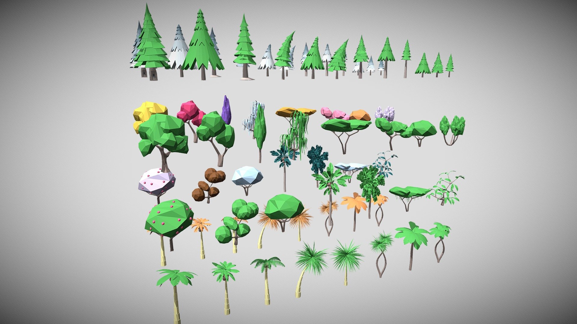 Vegetation 1 Has a set of 72 unique objects

Trees / pines / trees / shrubs / palm trees /

All trees are divided into 3 categories, so that you can create anything you want: conifers, tropical, deciduous.

All models have 156k triangles. all models use only one texture and one material

The set contains files: blender c4d  maya 3dsmax fbx  obj

If you liked this kit, please leave a review! It will help me to create even bigger product and make you happy! - Cartoon vegetation - Buy Royalty Free 3D model by 7ka (@Verasavy) 3d model