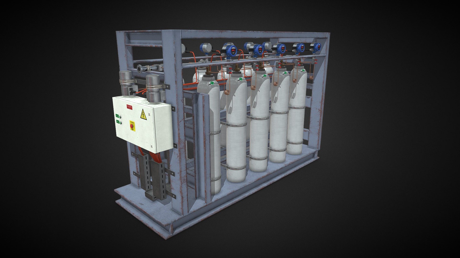 Highly detailed model of a storage rack for 10 nitrogen gas cylinders. Suitable for industrial visualization, simulation, and games.

Technical Features:




PBR Textures: base color, roughness, metallic, emissive, and normal map

Polys: 18,558 (36,852 tris)

Real-world scale based on references

All branding and labels are custom made

Formats included: .blend / .fbx / .obj

Textures:




Number of textures: 18

Texture format: PNG

Texture size: 4096 x 4096

The model can be used in any game, personal project, ArchViz, etc. It may not be reselled or redistributed 3d model