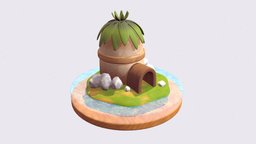 Cartoon Island palm, island, cave, nature, stones, cartoon, blender, lowpoly, house, simple