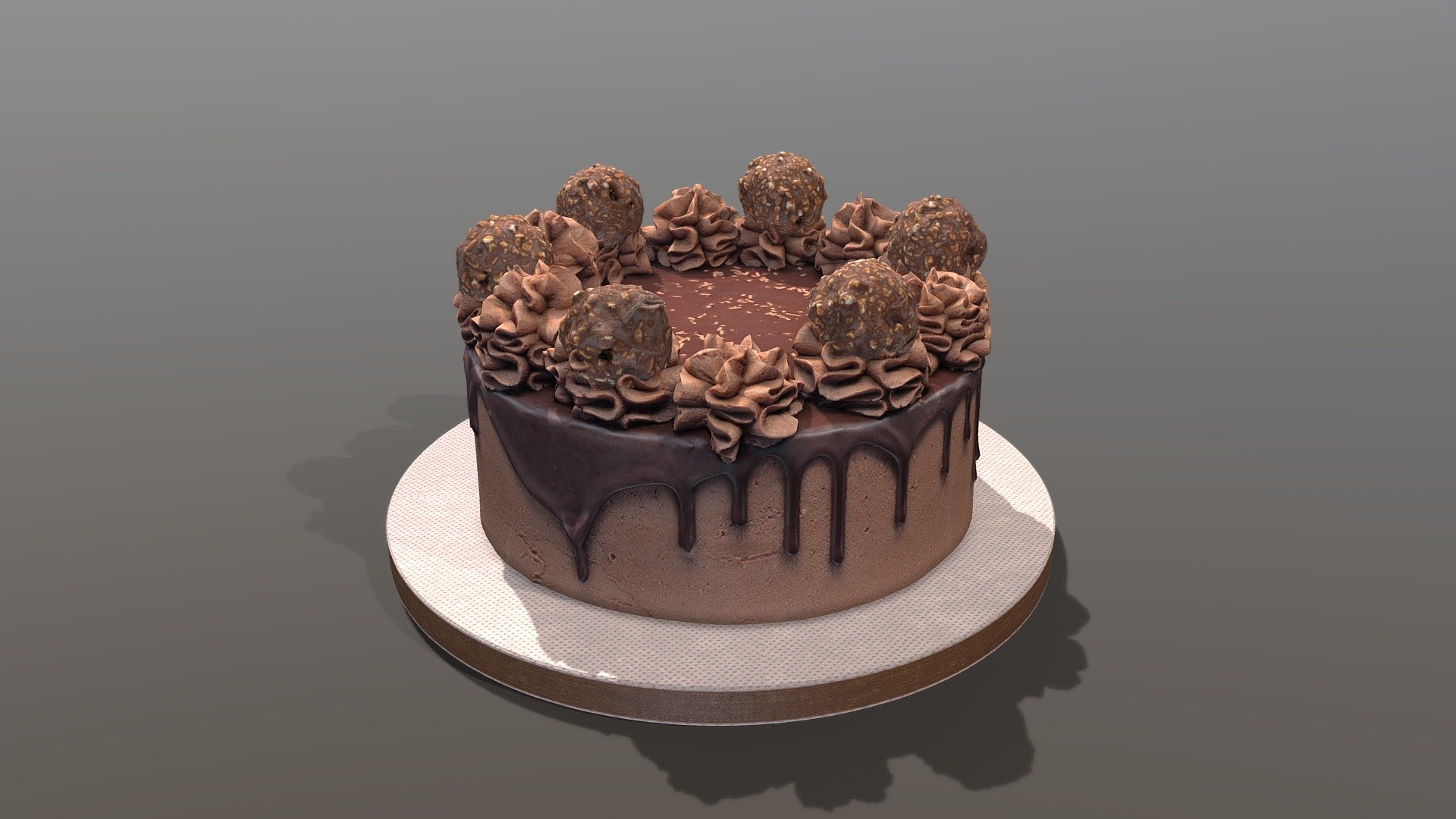 This premium Chocolate Ferrero Rocher Drip Gateau Cake model was created using photogrammetry which is made by CAKESBURG Premium Cake Shop in the UK. You can purchase real cake from this link: https://cakesburg.co.uk/products/chocolate-heaven-cake?_pos=1&amp;_sid=25d1b3fb8&amp;_ss=r

Cake Texture 40964096px PBR photoscan-based materials (Base Color, Normal, Roughness, Specular)
Ferrero Rocher Balls 20482048px PBR photoscan-based materials (Base Color, Normal, Roughness, Specular)
Cake Drum 4096*4096px PBR  (Base Color, Normal, Roughness, Specular) - Ferrero Rocher Drip Gateau - Buy Royalty Free 3D model by Cakesburg Premium 3D Cake Shop (@Viscom_Cakesburg) 3d model