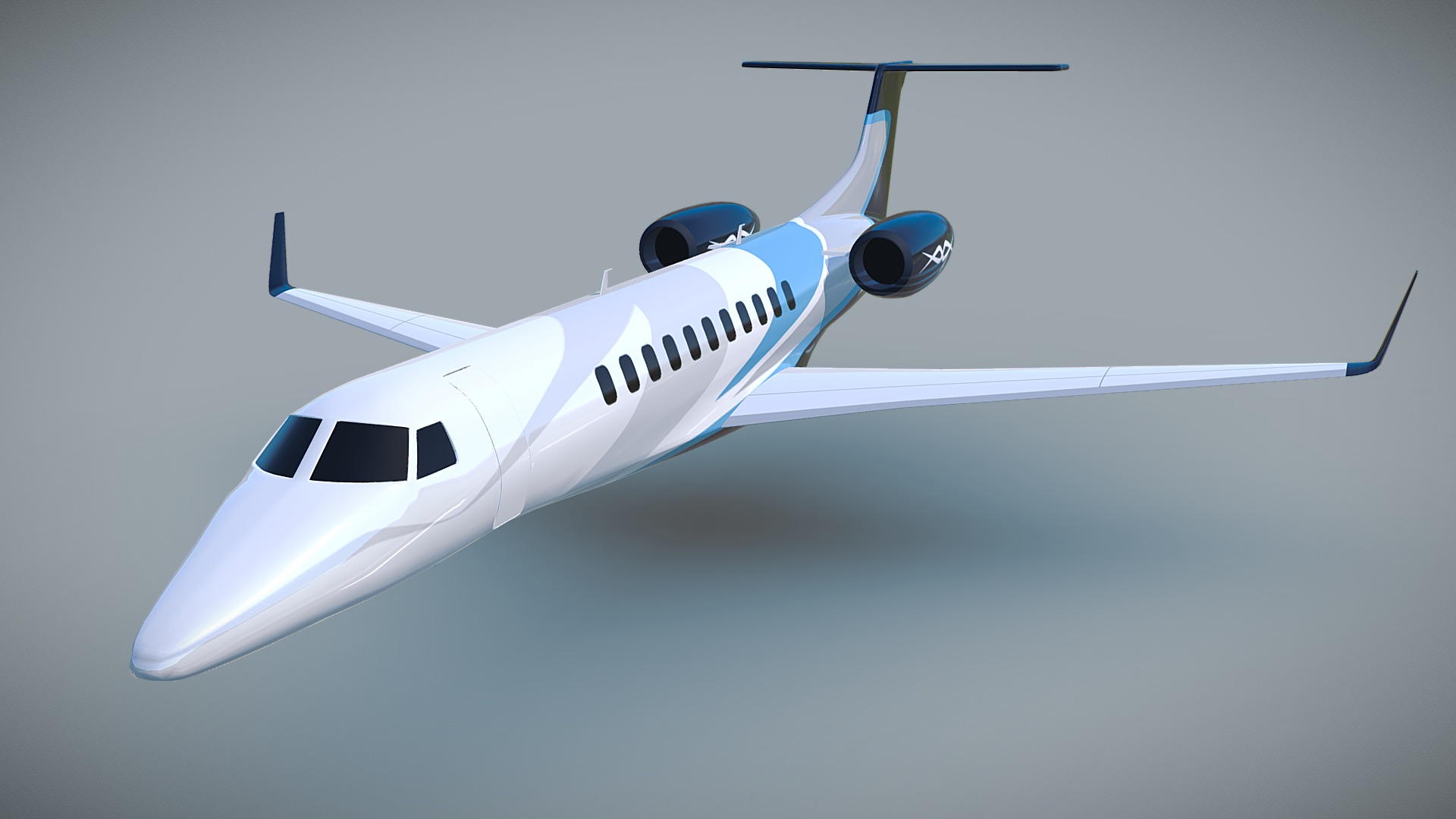3d model of business jet was created with blender3d 2.72 version.Rendering images preview was created with blender internal render,rendering setting included with blender file.There are no interior and no landing gears for this product.There are 3 separated texture imagesone for fuselage 2050x2050px png with stripes and windows,second for wings with elevator details,and third for engine stripes both are 1050x1050px png file.Product was named by object and materials.Rendering images was did with subdivision 2,until my product was packed with subdivision 1.There is a lowpoly version of this model included with obj file without subdivsion modifier applied.Enjoy my product 3d model