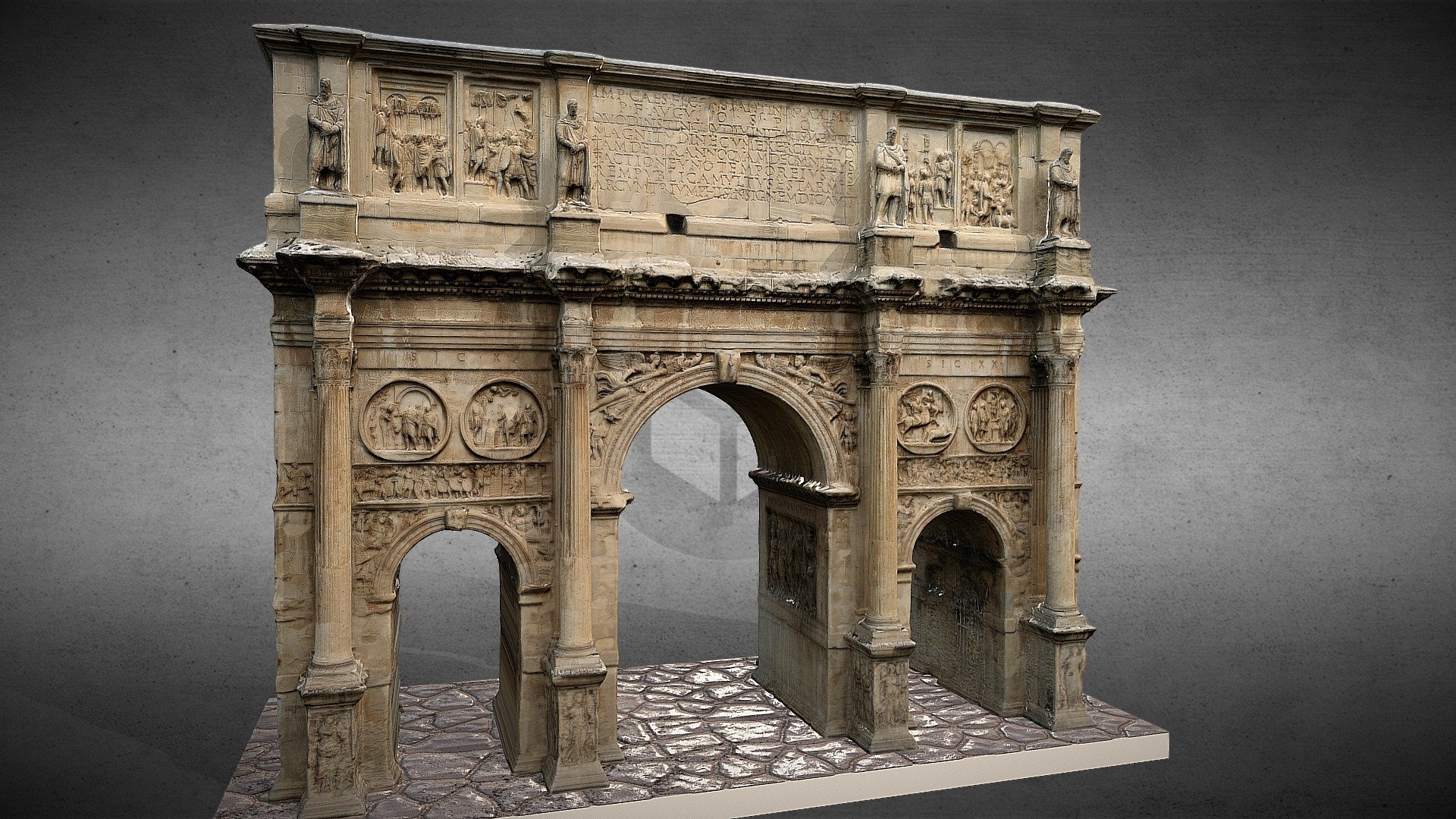 Reproducción del arco de Constantino, situado junto al Coliseo de Roma. La tipología decorativa del mismo refleja una de las prácticas más comunes del momento (y durante los siglos venideros): la &ldquo;spolia