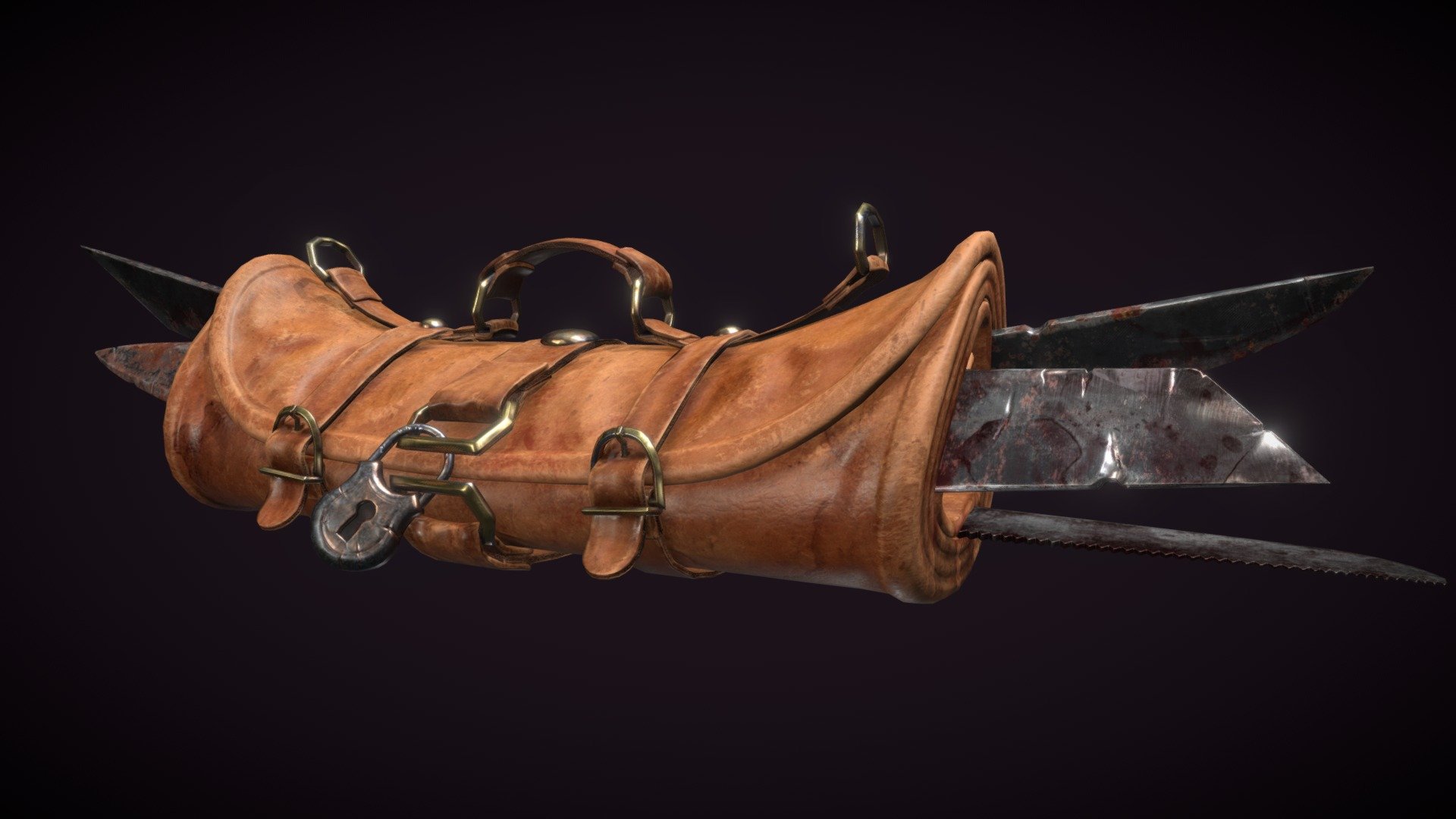 This cartoonishly bloody knifebag has been modeled in 3ds Max and Zbrush, and textured in Substance Painter and Photoshop. It doesn't seem like the tools inside are only used for cooking&hellip; - Chef's Knife Bag - Game Asset - 3D model by Bogaerts.Quinn 3d model