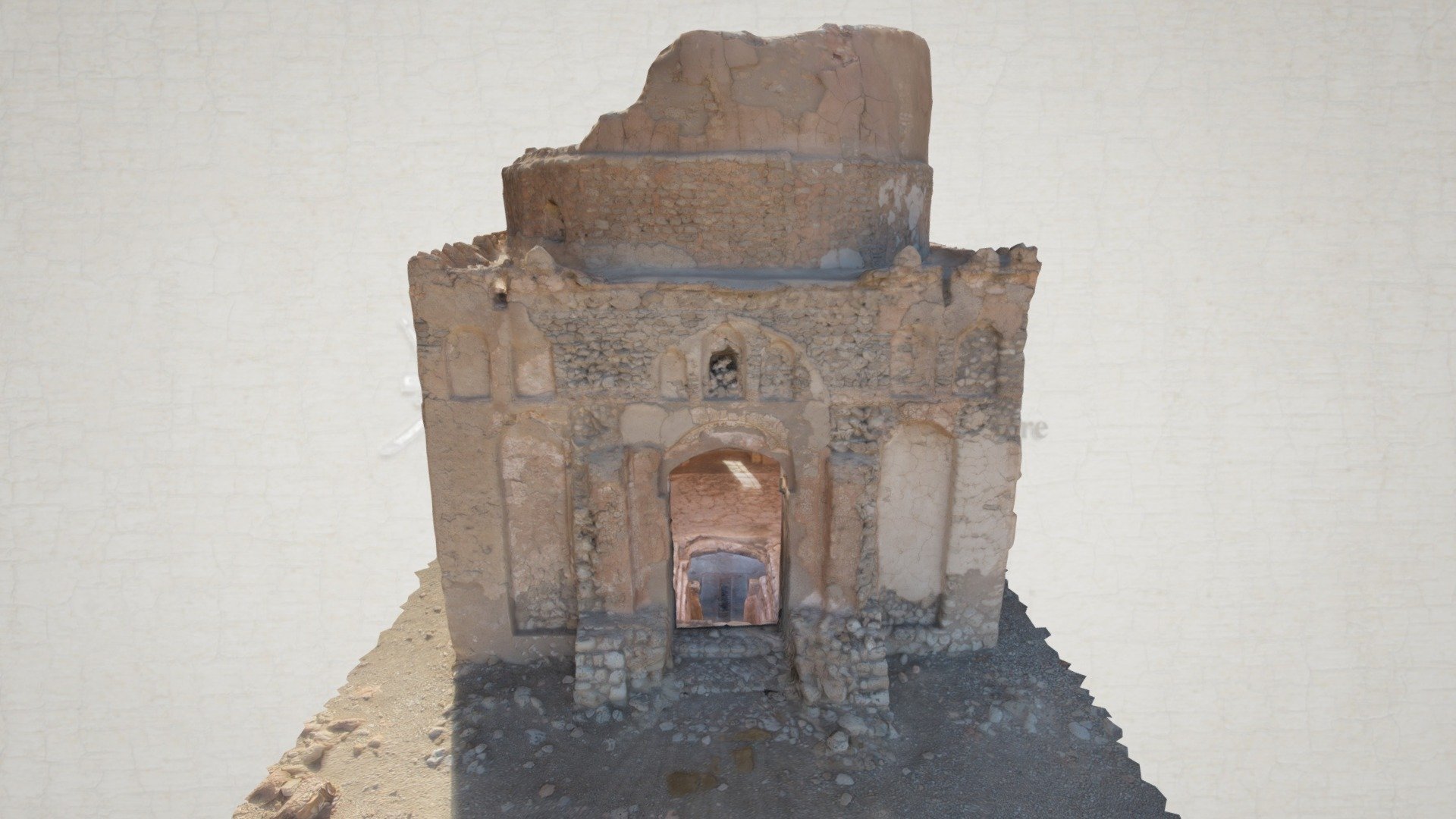 Mausoleum from the ancient city of Qalhat : http://en.wikipedia.org/wiki/Qalhat

Iconem develops digitizing and 3D modeling techniques for cultural heritage.
More :
https://www.youtube.com/user/iconem - Bibi Maryam mausoleum - 3D model by Iconem 3d model