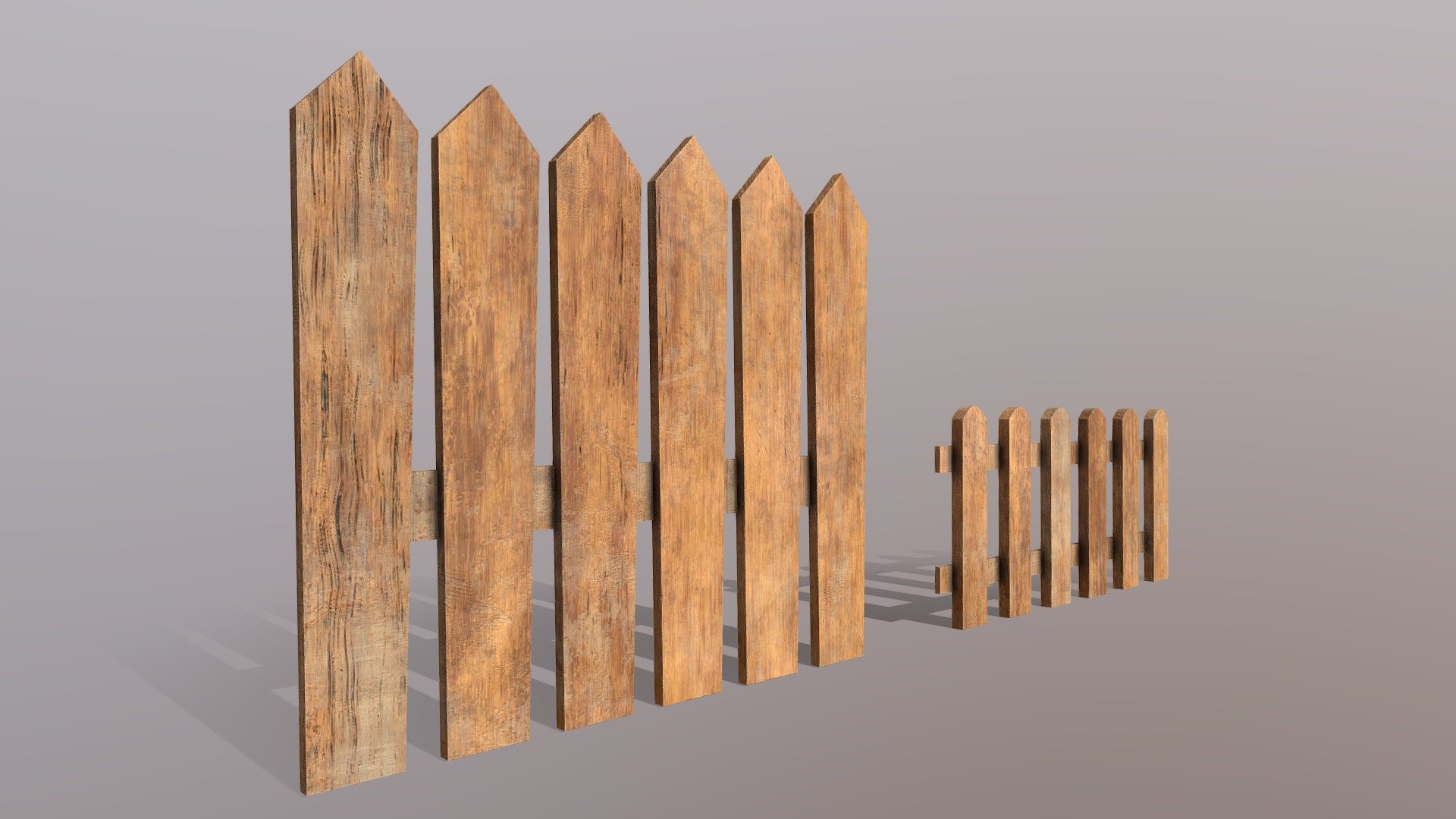 Wooden Fence Pack for games and animations. The model is game ready and compatible with game engines. 

It can be used to create a fence for realistic games.

TWO variations of the fence are included.

The package contains 4K (4096x4096) PBR textures which are highly detailed HD.

Specific PBR maps for the following  game engines are included in separate folders contained in the package:




Unity

Unreal

PBR - Metal Rough

The package contains 2 Individual modular pieces that can be arranged in any desired formation.

Pieces included:




Large fence

Small fence

Total polycount - 228 polygons - 156 Vertices (Low-Poly)

The 3d model is properly UV mapped with non-overlapping and optimised UV's for a better texel density.  

Create and build your own PC &amp; mobile environments using our PBR Modular Fence Pack.

This fence pack is just one out of a series of urban packs offered by us. Have a look at our store to find more types 3d model