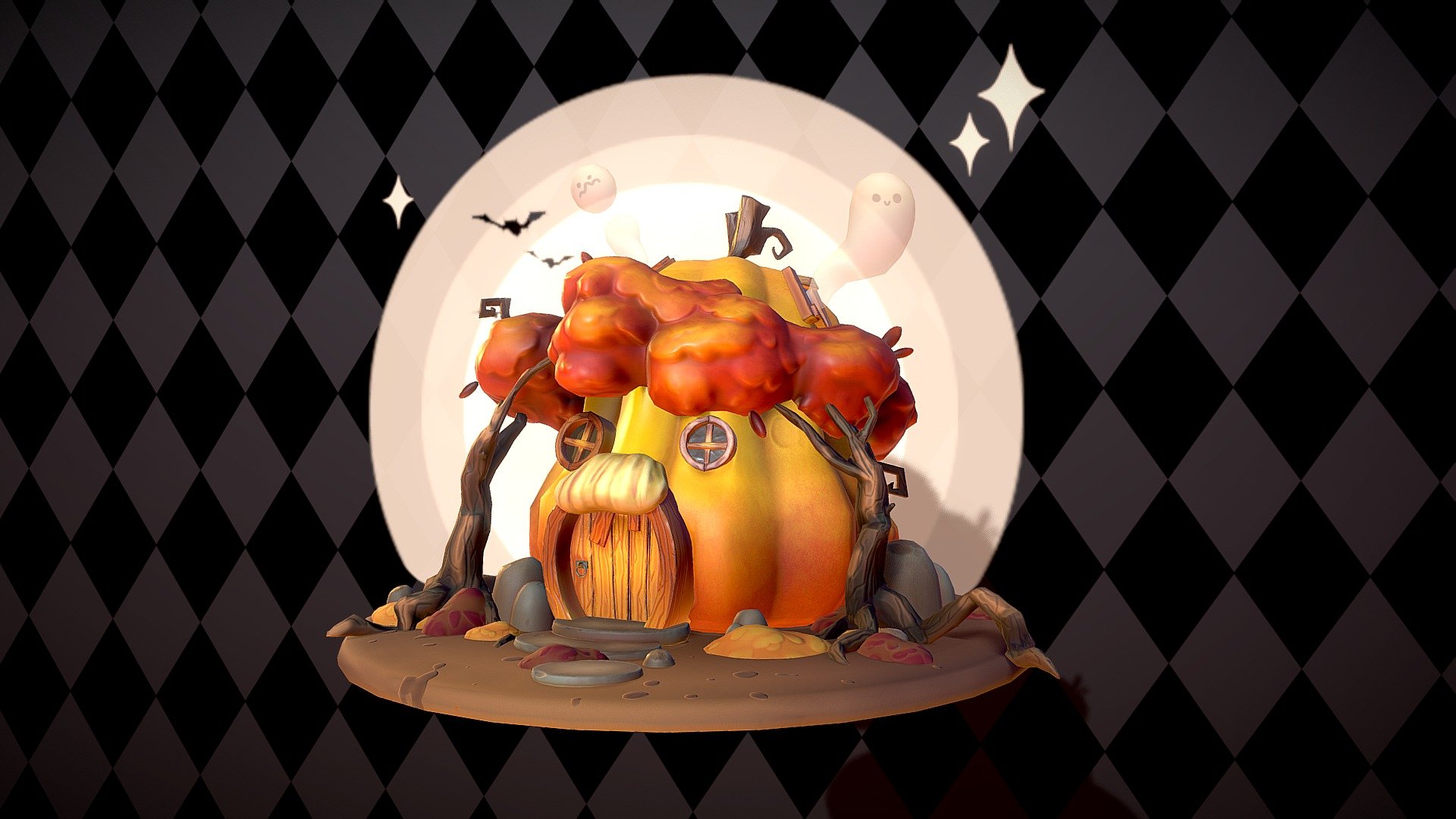 Happy Halloween everyone! 
For a stylized pumpkin challenge I decided to grab my pencil &amp; make my own design for once, so here you see the 3D translated version!
It was a very rushed project between my school deadlines but I'm still satisfied with the result for now.
Feedback is always welcome and I hope you like it :)

BGM : [MapleStory BGM] Halloween Main Hall (KMS 1.2.175) - Spoopy Halloween! - 3D model by Gia Bao Lam (@gia.bao.lam) 3d model