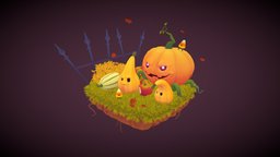 Spooky Pumpkin Squash fence, grass, cute, fun, apple, soft, leaf, fall, bush, squash, automn, candycorn, stylized, halloween, pumpkin, spooky