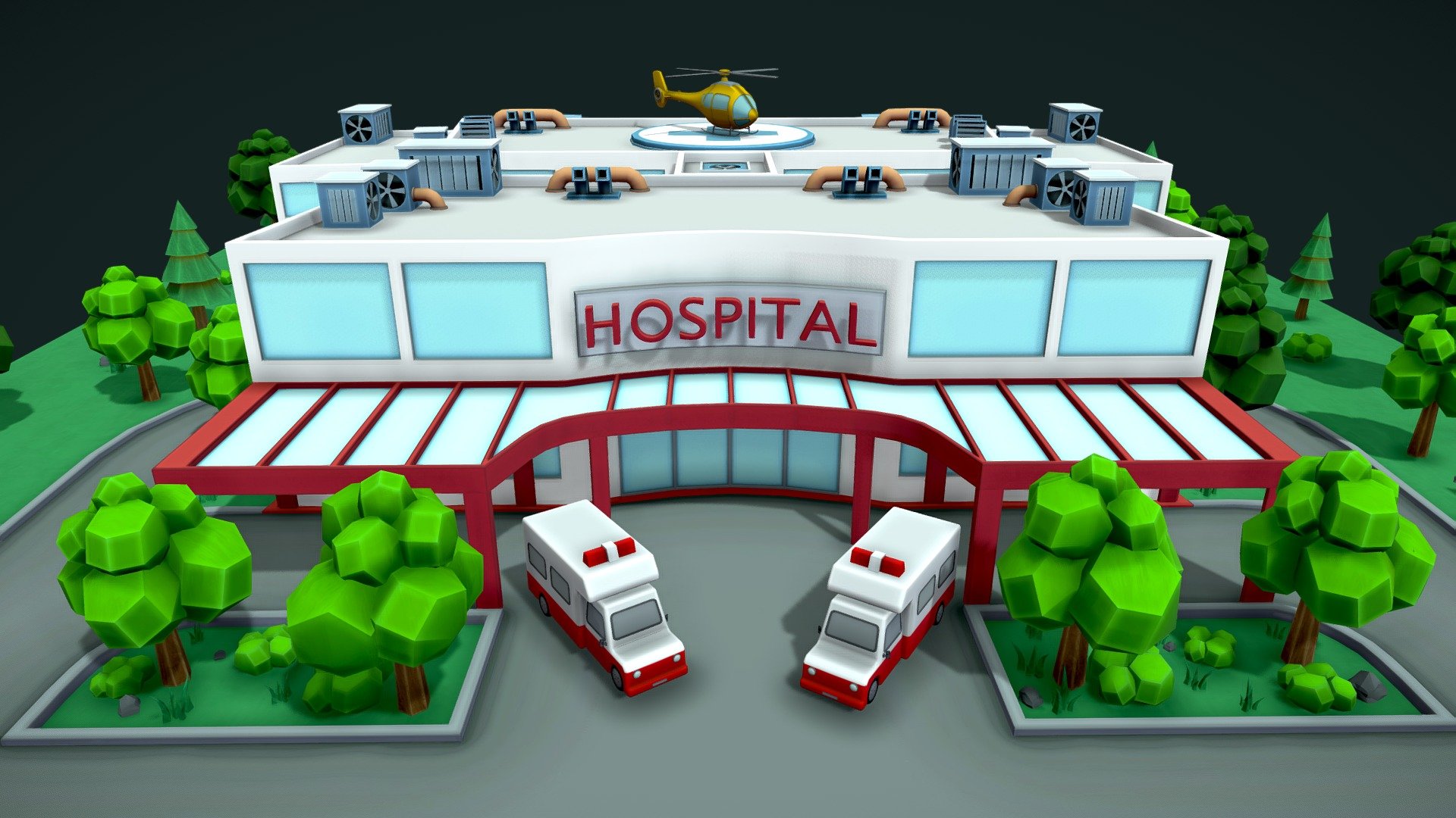Modeled in Maya. 
Textures designed in Substance Painter. 
Texture resolution is 4K &amp; 2K(Ambulance only).

For more information: 
https://www.artstation.com/infinitymodels - Cartoon Hospital - 3D model by Infinity Models (@infinitymodels) 3d model