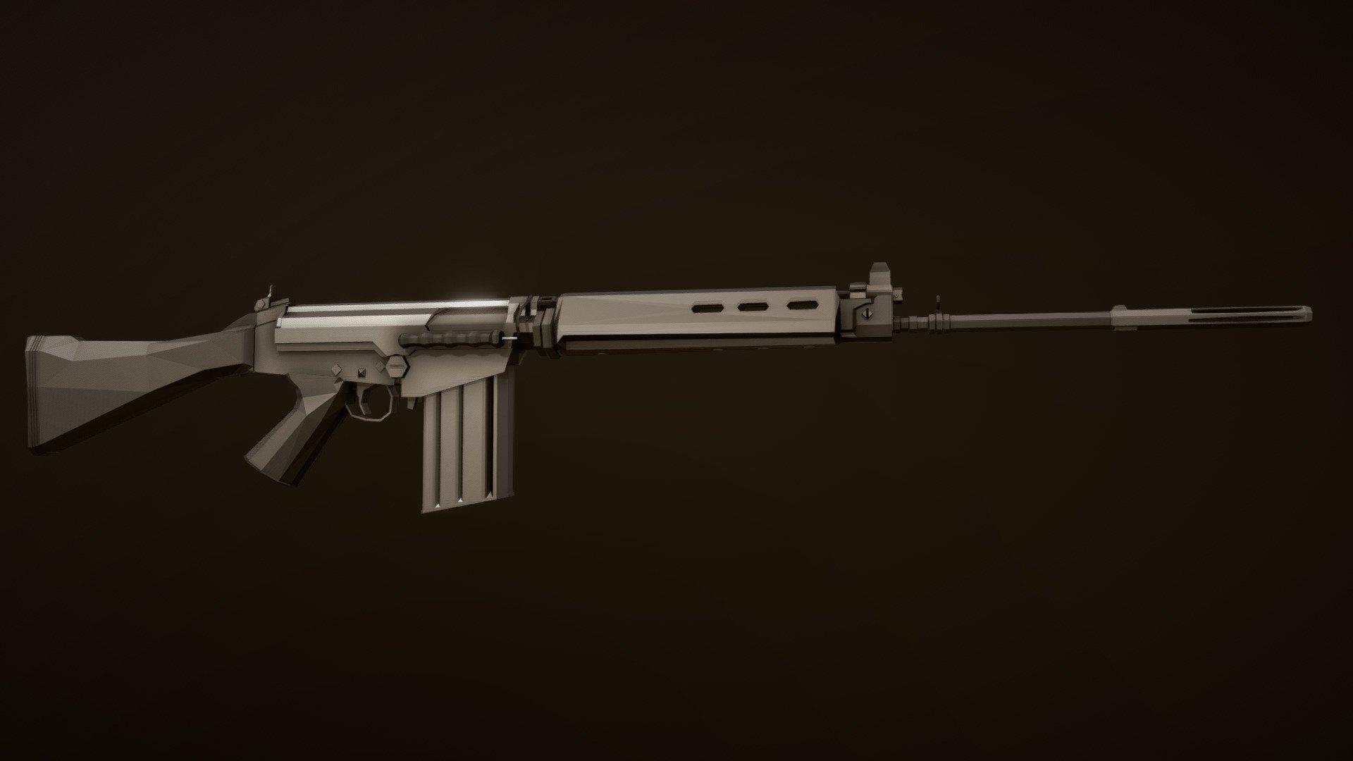 Low-Poly model of an original FN production 50.00 pattern FAL with polymer furniture.

6/11/22:
simplified some geometry, fixed minor error of bolt carrier geometry, fixed some aspects of gas piston/oprod, added magazine follower, moved model of .308 round to different location and added model of casing 3d model