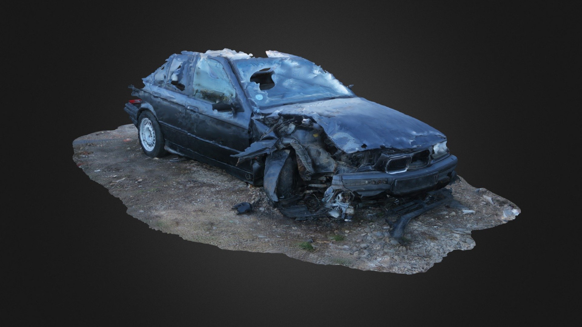 This unlucky BMW Series 3 E36 car, actually suffered two accidents. Besides the nasty, physical road traffic collision, the photogrammetric alignment produced a poor virtual result due to the high reflectiveness of the vehicle's body and windows 3d model