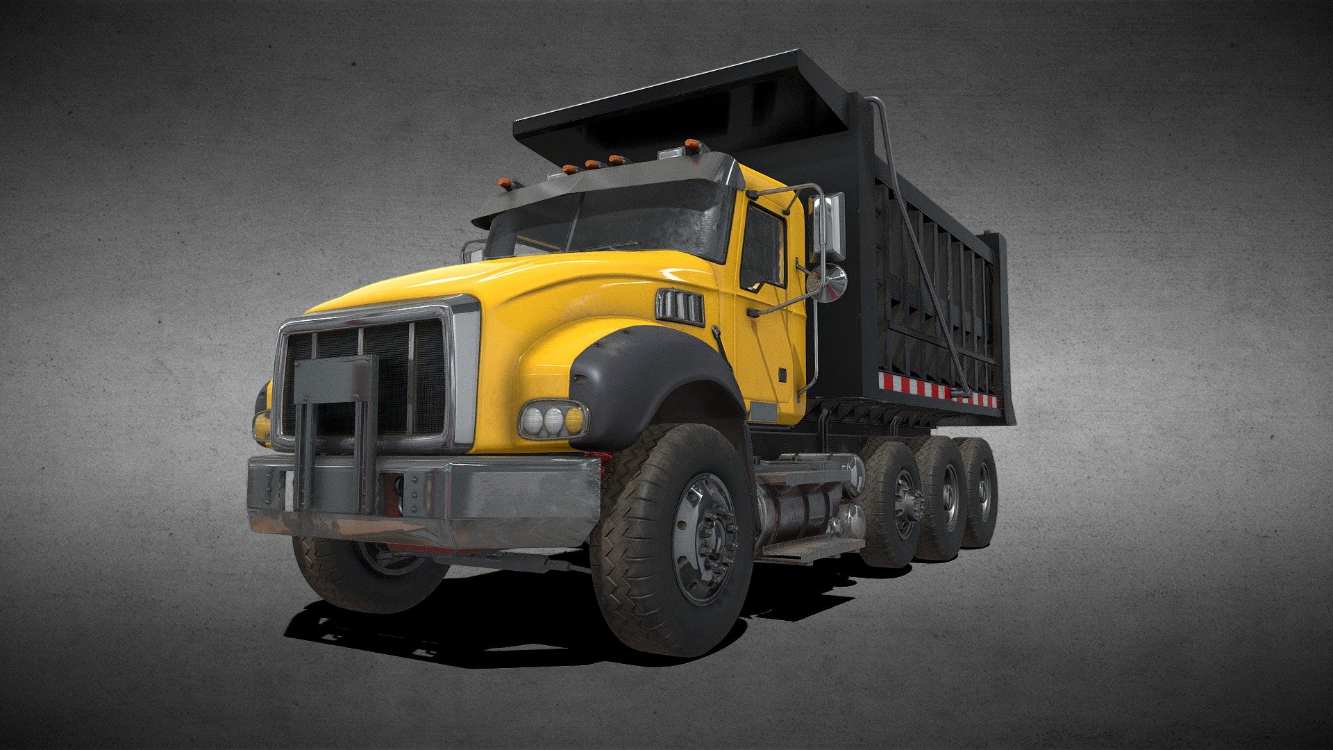 Dump Truck model made in maya

Contains UV'd model, skeleton with NO RIGGING. Cables should retain skinning. Textures in 2k and 4k

246808 tris

8 materials, 6 textures each

PBR textures: BaseColor, Normal, Height, Roughness, Metal, AO

tiff format with alphas where needed on the exhaust pipe, and the cab windows

Unreal

8 materials, 3 textures each: BaseColor, Normal, Packed (Occlusion, Roughness, Metallic) - Dump Truck - Buy Royalty Free 3D model by Phil Rivera (@philrivera) 3d model