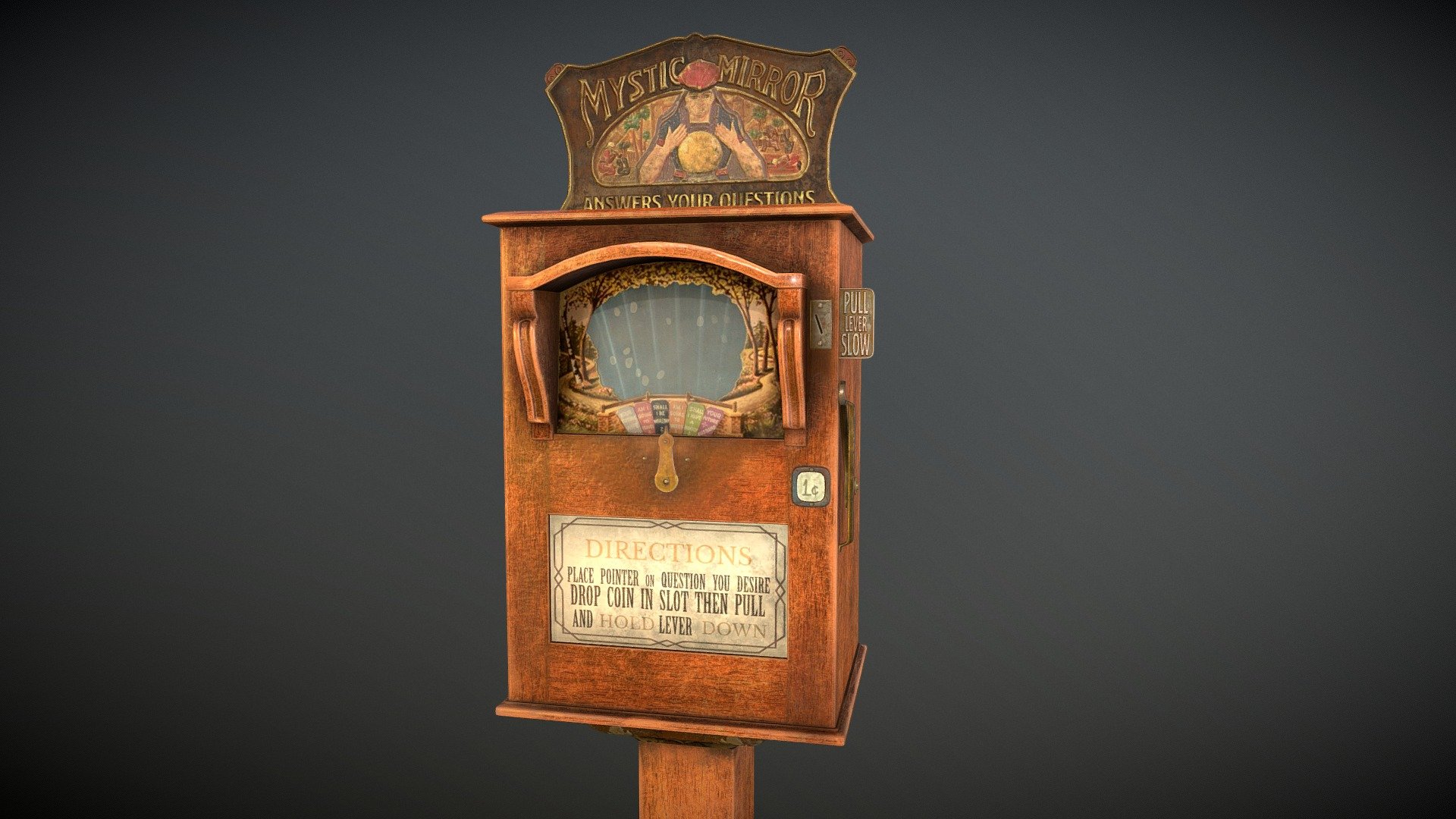 An antique Mystic Mirror fortune telling mutoscope from the 1920's. I saw this on pinterest and thought it would be fun to model as another little lockdown project! Made with 3DS Max and Substance Painter 3d model