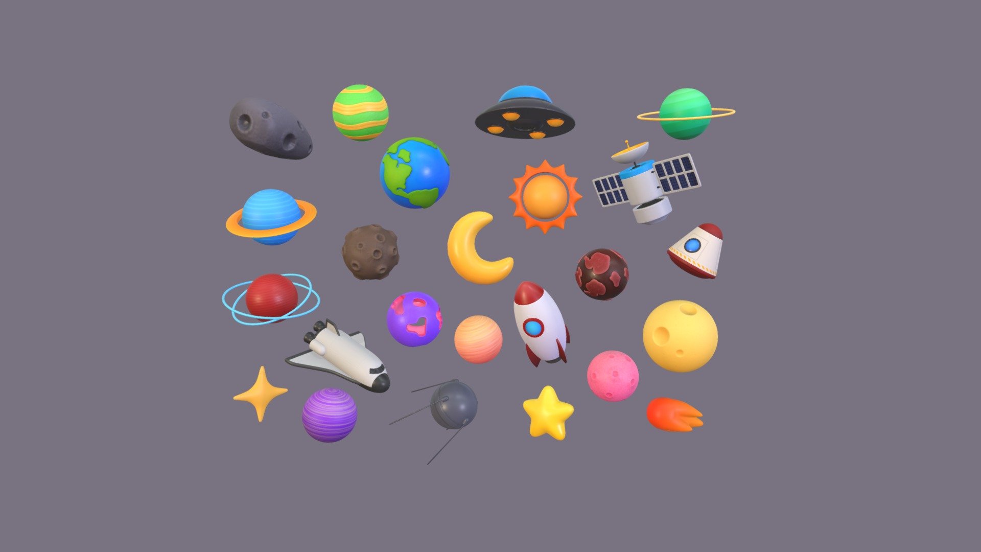 Cartoon Space Object 3d models Pack. 
  


29,419 poly 

30,402 Vert 
  


File Formats 


3ds Max  

FBX 
 


Non-overlapped UV 

Clean Topology 

No Rig 
 


2048 PNG textures 


Base Color 

Nomal Map 

Roughness 
  


Collection Include  

- Star 

- Earth 

- FullMoon 

- Meteor 

- Sparkle 

- UFO 

- Crescent 

- Planet_A 

- Planet_B 

- Planet_C 

- Planet_D 

- Planet_E 

- Planet_F 

- Planet_G 

- Planet_H 

- Planet_I 

- Rocket 

- Satellite 

- Asteroid 

- SpaceCapsule 

- SpaceShuttle 

- Sputnik 

- Sun 

- Comet 
 - Cartoon Space Pack - Buy Royalty Free 3D model by Cartoon Objects (@CartoonObjects) 3d model