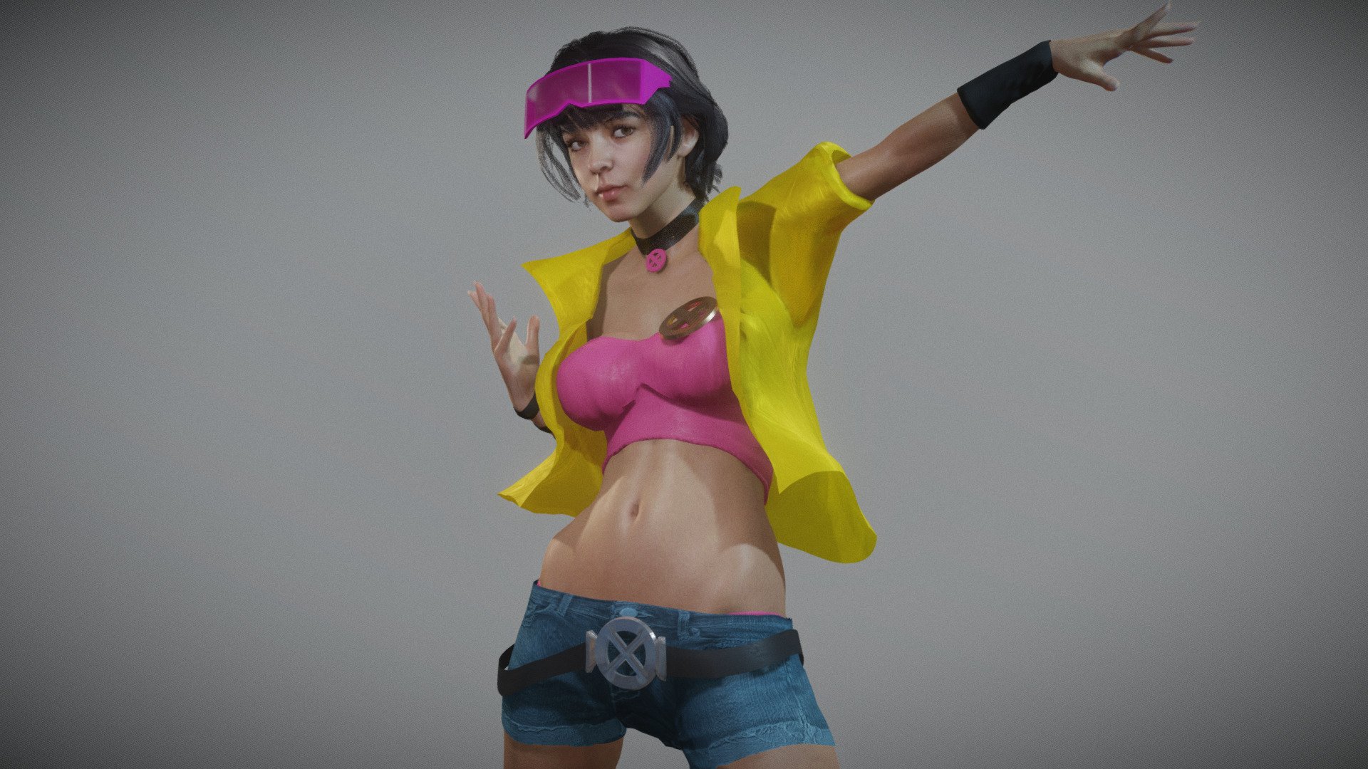Jubilee cosplay Female Girl 3D model. Basic animation loop.  Model in Blender file. Body Fully rigged, face basic rig. SSS subsurface scattering. mixamo bone names for animation. Blend file format. (you can export to any format from blender) 3d model