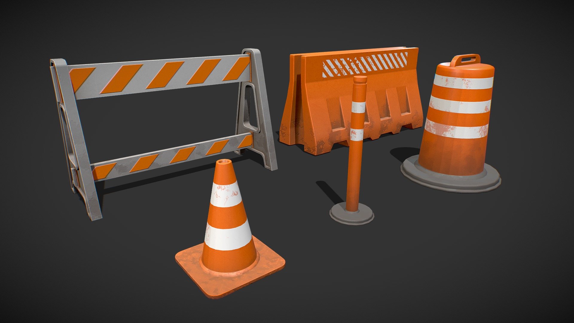 This product have 3 Stylized Traffic Cones, Including 2 types of Traffic Barricades with Stylized PBR Textures. Suitable for any scene. Ready to use in any project.

Are you liked this model? Feel free to take a look on my another models! Here

Features:

.Fbx, .Obj, .Uasset and .Blend files.

Low Poly Mesh game-ready.

Real-World Scale (centimeters).

Unreal Project 4.18+

Number of models: 5

Custom Collision for Unreal Engine 4 (Handmade).

Tris Count: 520 to 1,040.

Number of Textures (PNG): 20

Number of Textures (UE4): 15

Number of Materials (UE4): 1 Material and 5 Material Instances

Stylized PBR Textures (1024x1024) (PNG).

Type of Textures: Base Color, Roughness, Metallic, Normal Map and Ambient Occlusion (PNG).

Combined RMA texture (Roughness, Metallic and Ambient Occlusion) for Unreal Engine 4 (PNG) 3d model