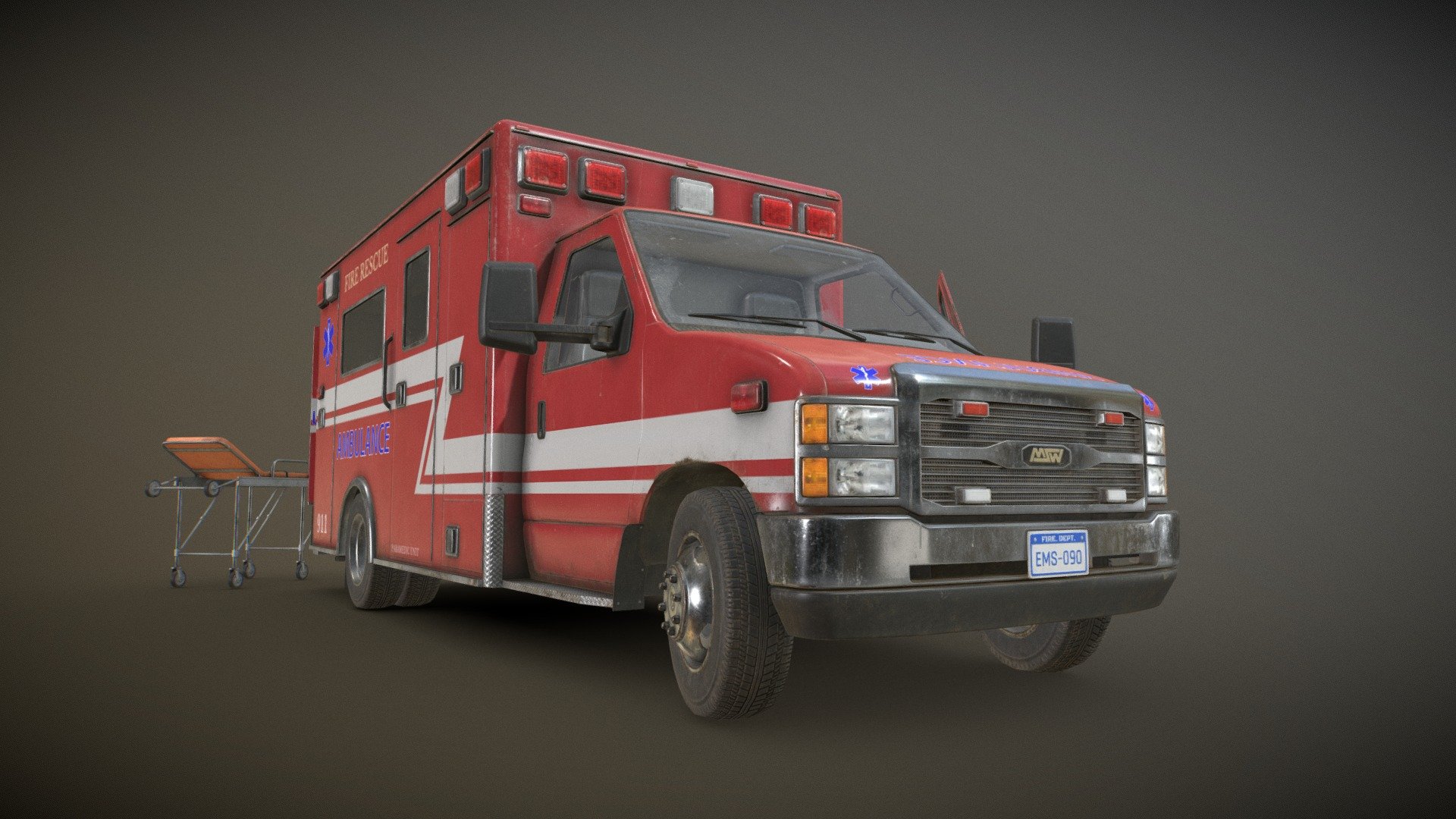 Game Ready Ambulance with finished interior and Stretcher included:


The unit of measurement used is centimeters
Front and back doors, wheels and steering wheel are separated and can be easily rigged/animated.
Interior and Box Interior are separate objects to detach if needed.
Stretcher as separate object and with 2 versions (open and folded)
PBR textures
All branding and labels are custom made
Second uv channel included
Packed ORM textures included
Average texel density: 1040 px/m

Polys:


Ambulance: 31.272 tris
Stretcher: 3.344 tris
TOTAL: 34.616 tris

Maps sizes: 


Body: 4096x4096
Details: 4096x4096
Interior: 4096x4096
Box Interior: 4096x4096
Wheels: 2048x2048
Windows: 2048x2048
Stretcher: 2048x2048

Provided Maps:


Albedo 
Normal
Roughness
Metalness
AO
Opacity included in Albedo (windows)
Emissive

Formats Incuded - MAX / BLEND / OBJ / FBX 

This model can be used for any game, film, personal project, etc. You may not resell or redistribute - Ambulance Type 2 - Low Poly - Buy Royalty Free 3D model by MSWoodvine 3d model