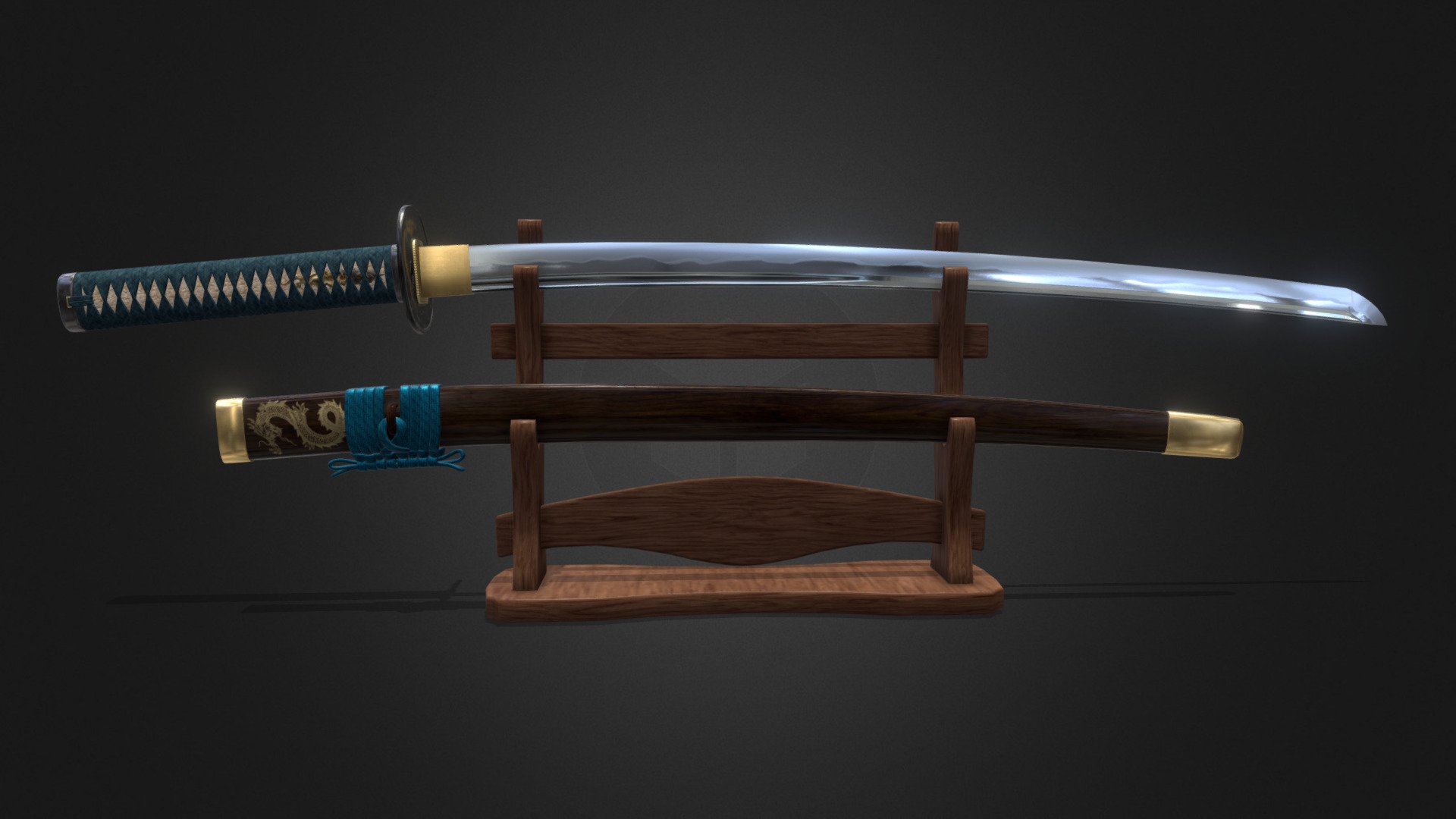 A set consisting of a katana, a sword sheath and a stand. Many textures are hand painted. Information about the components can be found in the annotations. The katana can be disassembled into all elements 3d model
