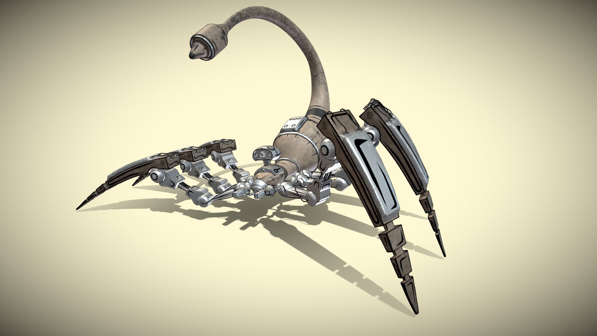 Mecha Spider Scorpion, rigged and animated, toon shader.
UV Unwrapped and textured. 
Comes with textures at 2k and 4k resolution. 

The model contains 6 objects, 2 sets of materials, and 1 set of textures. 
Modeled in Blender, painted in Substance Painter. 

Blend file before modifiers has 37.376 Faces, 73.088 Triangles, 39.053 Vertices.

Video Preview: https://youtu.be/gxfYBDKzyp4 - Mecha Spider Scorpion - Buy Royalty Free 3D model by Ed.Jan 3d model