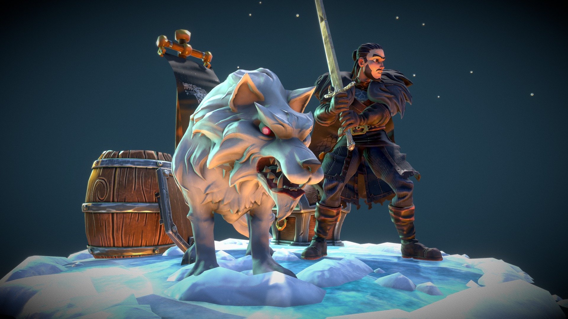 Hi ! Here is my take on Jon snow and his wolf Ghost . 
First I did a basemesh on zbrush , send it to maya for retopo then send it back to zbrush  for the details. Finally I did the texturing on substance painter. 
For the ground I was inspired by the assets of ZugZug. 
You can follow my work on artstation
Hope you like it ! - Jon Snow and Ghost - 3D model by C-A 3d model
