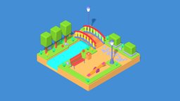 Low Poly Park 🌷 tree, lamp, flower, bench, river, park, weed, diorama, bin, colors, colorfull, isometric, place, seesaw, blender28, low-poly, blender, lowpoly, blender3d, rock, blender-cycles, bridge
