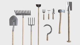 Various Garden Tools toon, trowel, garden, unreal, fork, shovel, sickle, gardening, rake, hoe, spade, pitchfork, unity, asset, game, lowpoly, low, poly, axe, gameasset, hand