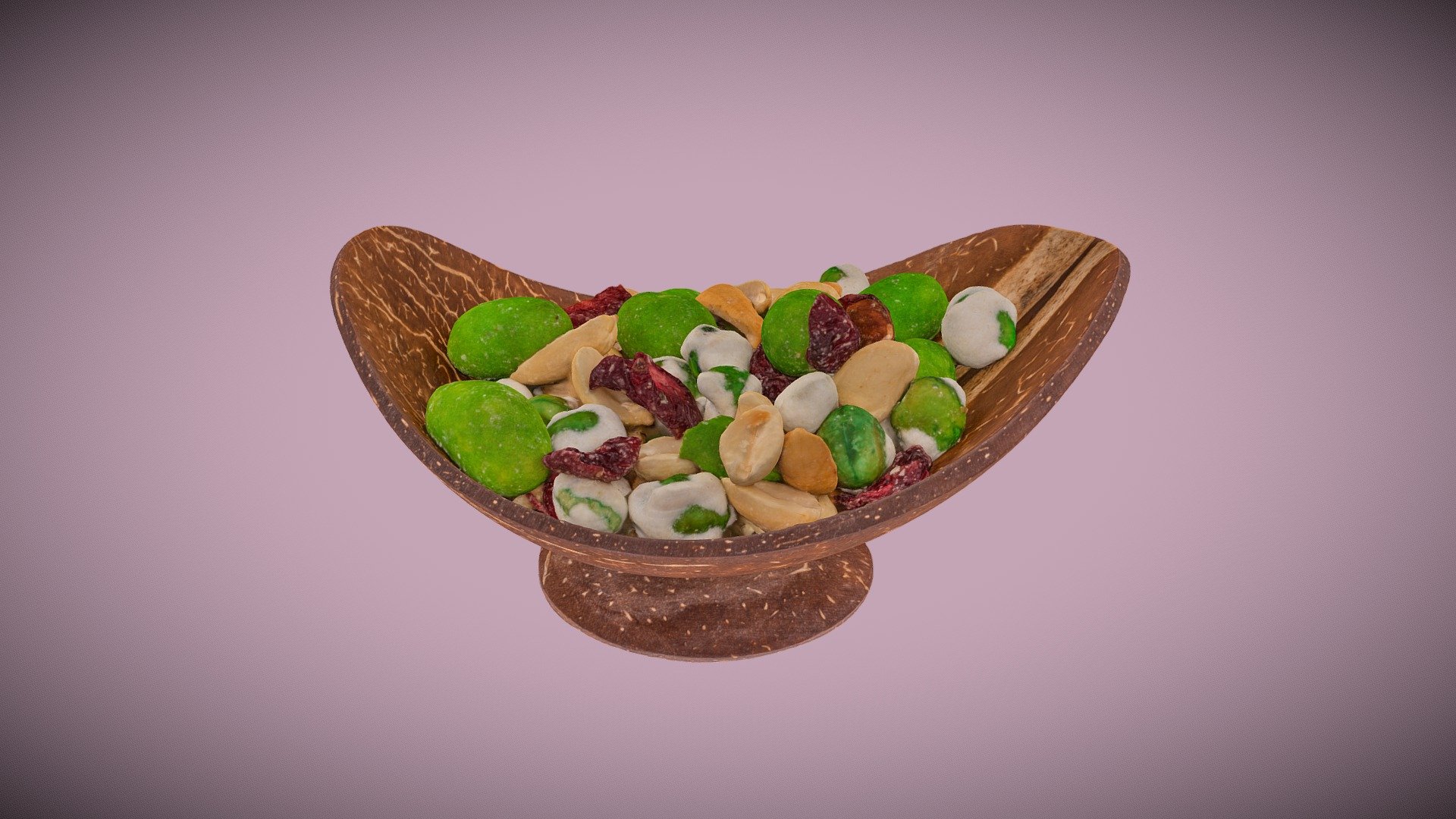 Photo-real, unlit, texturized model of a Cocconut Bowl with Wasabi and Nuts Trail Mix  . This object was generated using photogrammetry with a DSLR camera and images edited in Light Room, compiled in Reality Capture, and re-topologized in Insta-Mesh. The mesh is edited in Agisoft, and model retextured in Reality Capture.

Included Files:

3D Object File Types:

.OBJ

.STL

.XML

.3DS

.X3D

Maps:

Normal

Bent Normal

Ambient Occlusion (AO)

Base Texture

Texture

Texture File Types:

.PNG

.JPG

.TIFF

High-Poly Model and Low-Poly .glb file available upon request.

For more information and contact info, visit us at highsierra3d.com - Wasabi and Nuts Trail Mix - Buy Royalty Free 3D model by High Sierra 3D (@highsierra3d) 3d model