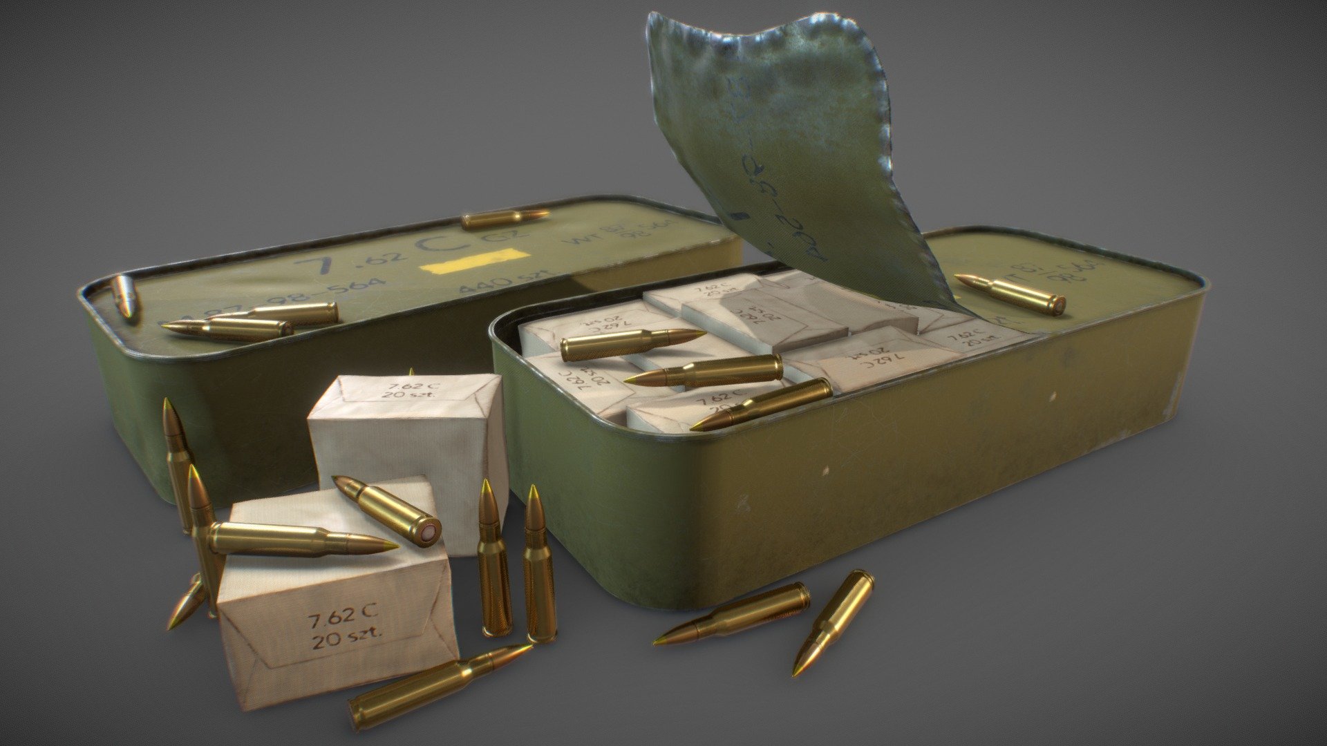 Game Art Asset. Ammunition can containing 7.62x54 rifle rounds ( heavy) with Polish markings
Pack includes 2k textures - Game Art: Rifle Ammunition Can 7.62x54 - Buy Royalty Free 3D model by MarcinGArt (@marcin.gk) 3d model