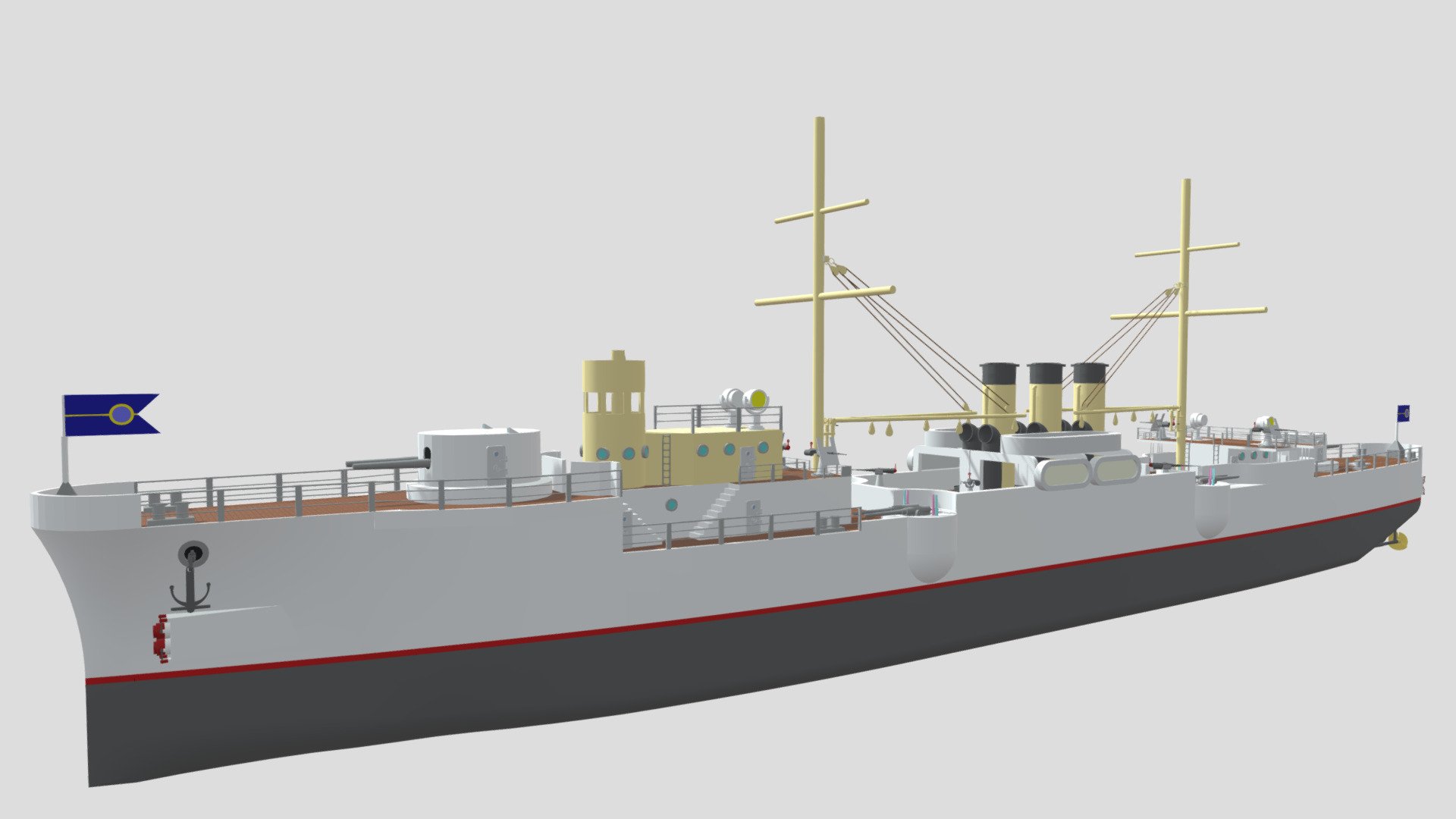 The Aberfan class of cruisers were designed for Searadias coastal defence squadrons,and for their scouting squadrons. In total 10 were built alongside the Cait class cruisers in 1896, thus in doing so hogged nearly all of the larger state run shipyards for 5 years, leaving only a few commercial based yards available.At full load the Aberfans could weigh up to 3300 tonnes with enough coal to serve them for 4000 km,however the standard load was often around 3120 tonnes.They came fitted with 8- 450mm torpedo launchers and 4-120mm main guns,though also came equiped with 8-76mm open barbette guns and some 20mm machine guns spread around the ship.The open barbettes being an experiment to see how turreted secondaries worked out,without the added weight of a full on turret.The engines delivered 5180 horsepower,giving a top speed of 17.5 knots.Armour wise they came with a 50mm boxed citadel with 20mm protecting the rest 3d model