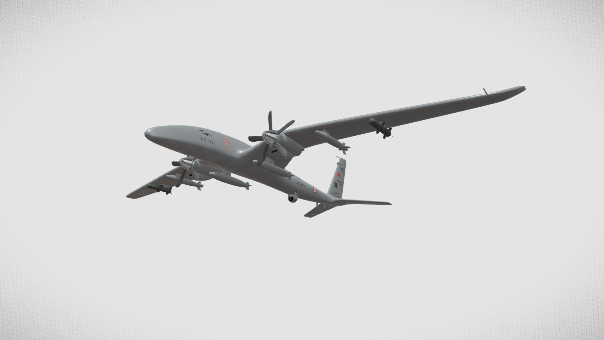 This is a high-quality Bayraktar Akinci Unmanned Combat Air Vehicle (UCAV) 3d model.

I used Blender software to make the model.

For more: 
https://cemgurbuz.com/bayraktar-akinci-drone - Bayraktar Akıncı UCAV - 3D model by Cem Gürbüz (@cemgurbuz) 3d model