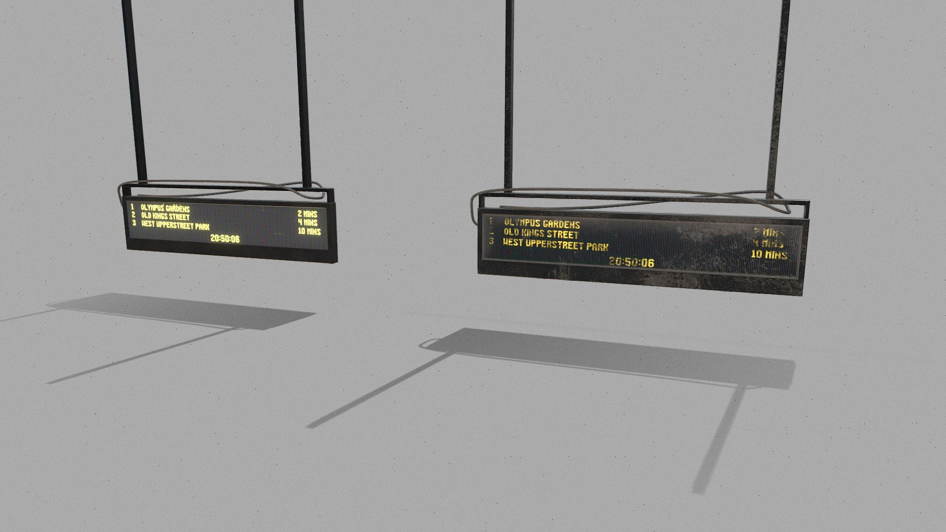 London underground style display boards, one verson is new and the other is worn.  Great prop for any sort of train station interior / post apocalyptic scene. 

PBR textures @4k - Digital train information board - Buy Royalty Free 3D model by Sousinho 3d model