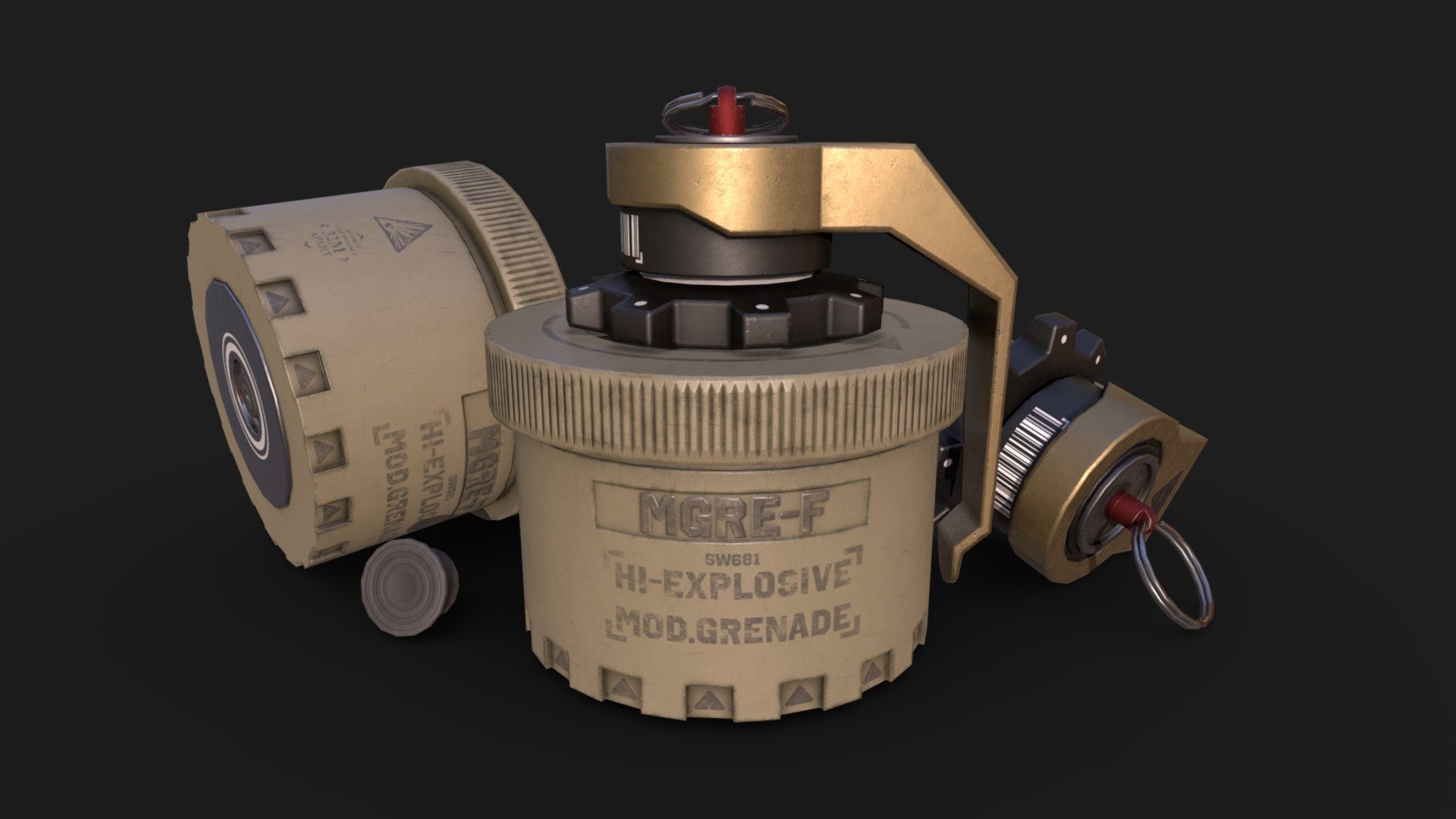 The model was based on the Swedish ehgr08 modular grenade.

Composition:

This asset consists of 5 parts: Explosive module, detonator, ring, rod and rubber stopper.

Pipeline:

Modeled in Blender, baked in Marmoset, textured in Substance Painter
 - Explosive modular grenade - 3D model by ZIFS 3d model