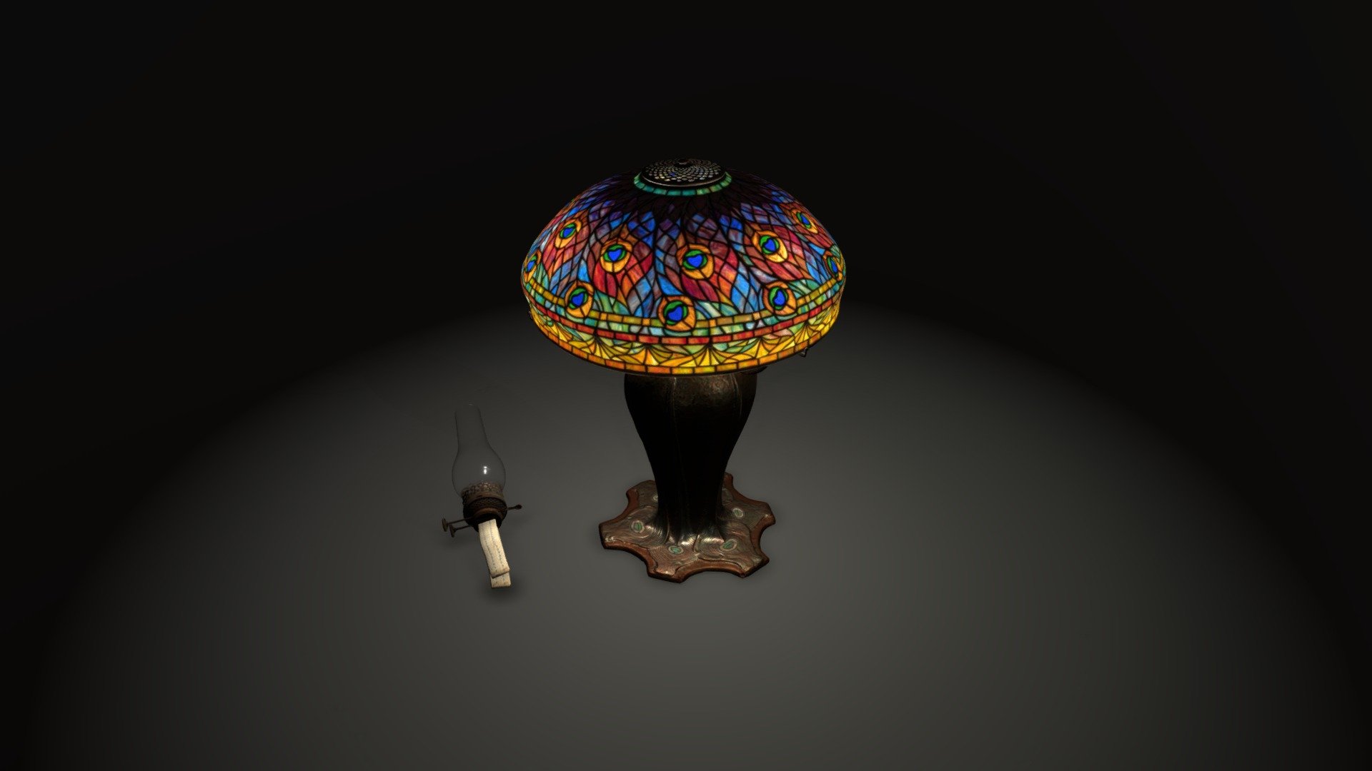 You can copy, modify, and distribute this work, even for commercial purposes, all without asking permission. Learn more about The Cleveland Museum of Art’s Open Access initiative: http://www.clevelandart.org/open-access-faqs

Peacock Table Lamp (c. 1900-1902) designer probably by Clara Wolcott Driscoll (American, 1861-1944) maker probably by Tiffany Studios (American, 1902-1932). Leaded glass, bronze
Diameter: 48 cm (18 7/8 in.); Overall: 65 cm (25 9/16 in.) Bequest of Charles Maurer, 2018.281

Learn more on the Cleveland Musuem of Art's Collection Online: https://www.clevelandart.org/art/2018.281 

Model created by Dale Utt 3d model