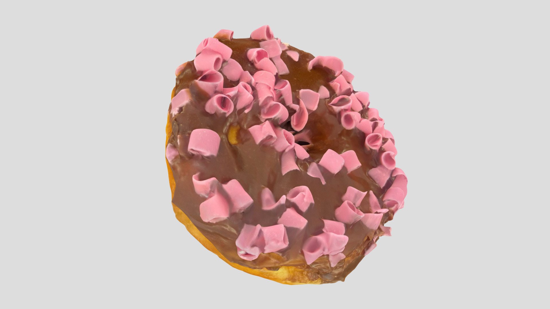 Chocolate frosted donut with pink ribbons 3D model scanned using photogrammetry on an iphone. This goes great with coffee, and breakfast or dessert scenes. Suitable for environments, props, etc. Created with Polycam - Chocolate Donut 🍩 - 3D model by Cam Cottrill (@camcottrill) 3d model