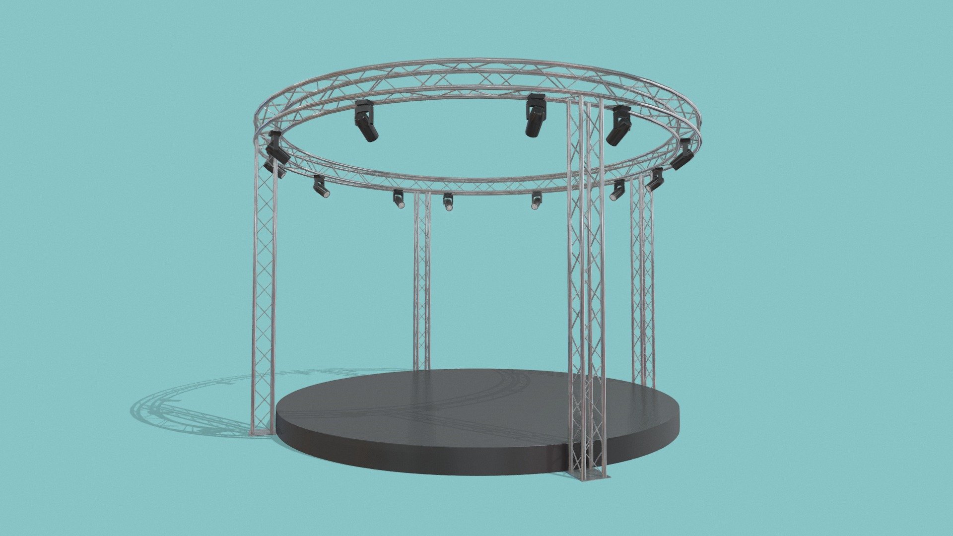 Concert Stage 11

Measurements:




Platform is: Diameter: 6m, Height: 0.3m

Inner height (from the top of the platform to the lower part of the circular truss): 3.7m

Total height from bottom to top: 4.35m

Total diameter (including the circular truss): 6.7m

IMPORTANT NOTES:




This model does not have textures or materials, but it has separate generic materials, it is also separated into parts, so you can easily assign your own materials.

If you have any doubts or questions about this model, you can send us a message 3d model