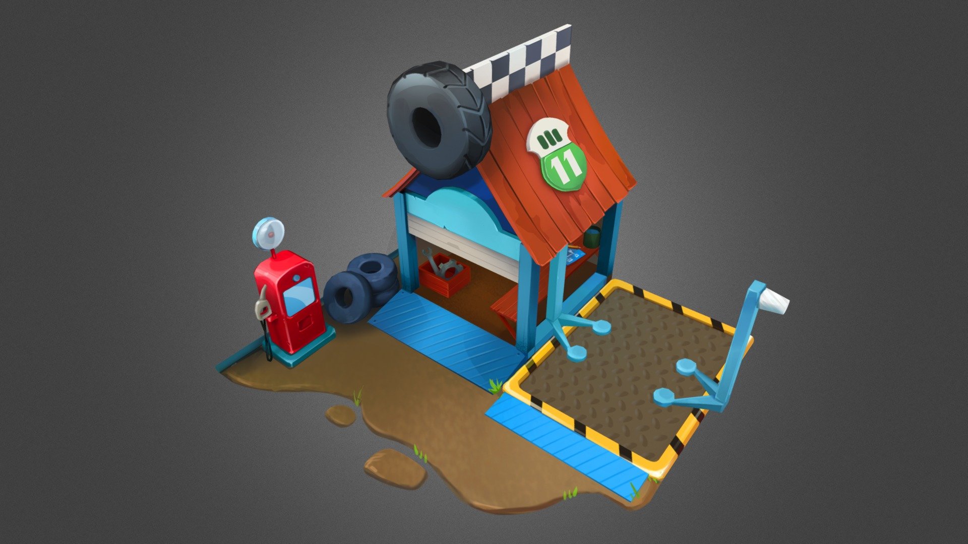 Model of the garage for a mobile game. Textures are made with an awesome 2D artist. We've based on technology of Smirnov School: first you render shadows, AO and diffuse for 2D artist; then you bake it to your model, while 2D artist adding details to the render. Finally you combine your work and get image like this 3d model