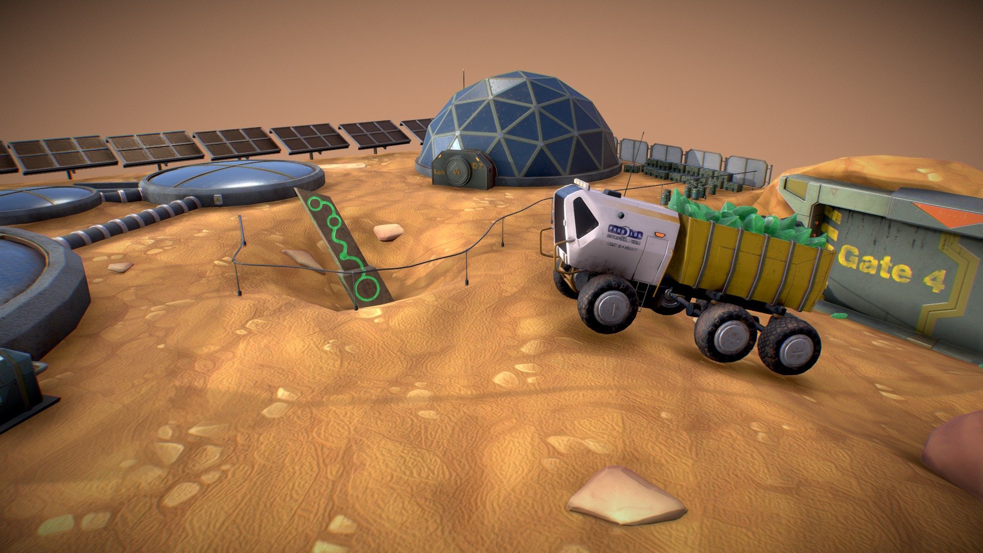 This is my personal studying project called “Martian Colony”. Textured in 3D-Coat, most of the props have 1k textures. 

My colony has some living blocks, the laboratory, gates to the mine with some crystals, and the mining vehicle full of them. And in the center of the scene, I placed the obelisk, which initially attracted the attention of researchers.

Sometimes I want to make some extra-polishing, but it's time to finish and move ahead. It has optimized topology, but many of the props are duplicates, so the total number of triangles could be less. Some of my favorite props are also published separately in my profile.

Check renders of this in Marmoset at my ArtStation

Mining truck

Barrel 

Geodesic dome - Martian Colony (Personal studing project) - 3D model by yakovenko.v.n.0707 3d model
